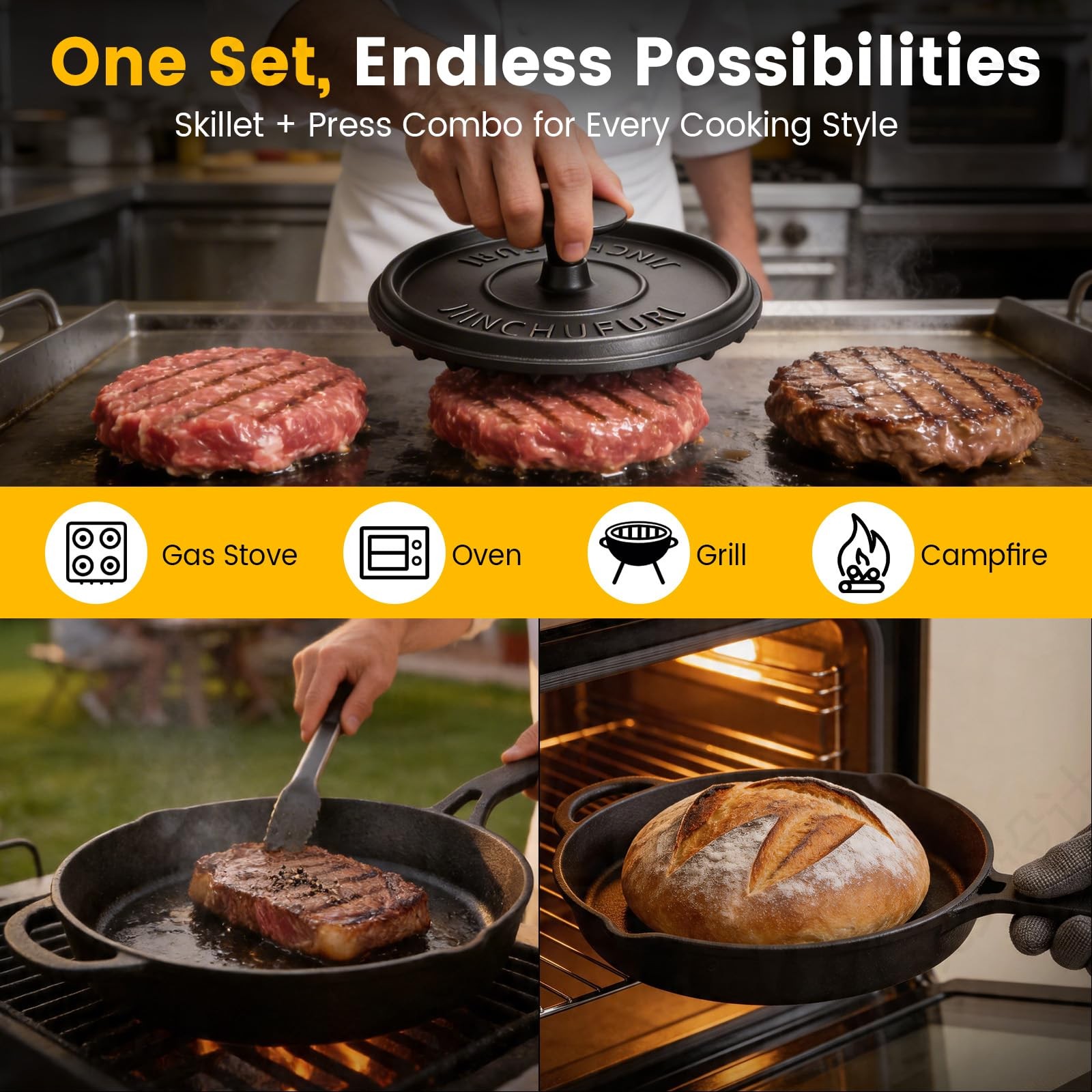 Cast Iron Skillets Set with Burger Press, 10.25 inches Pre-Seasoned Frying Pa…