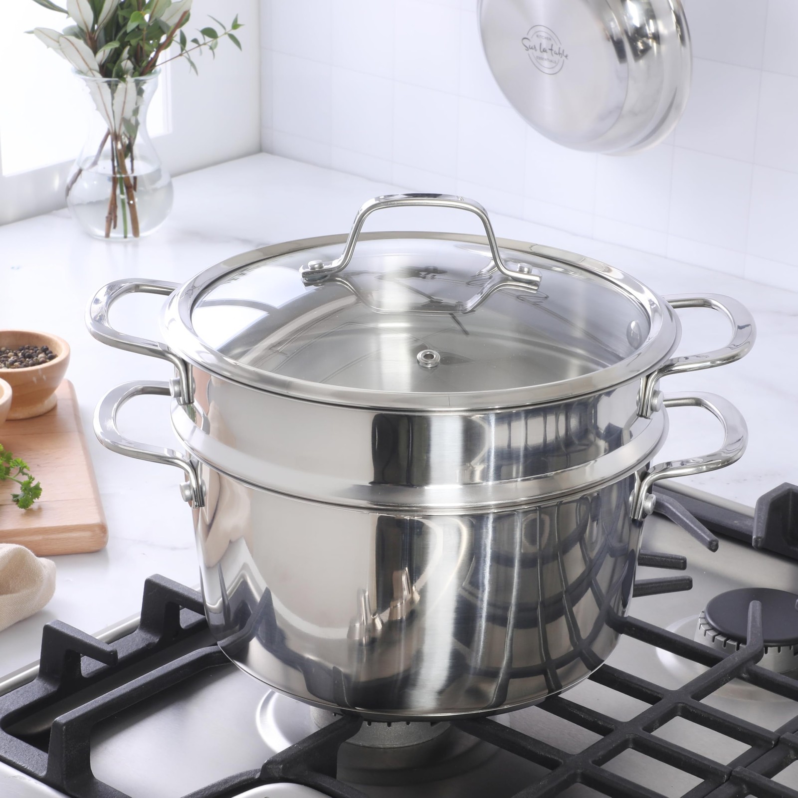 Sur La Table Chef’s Deck 3-Pc 5.3Qt Stainless Dutch Oven Steamer Glass Lid