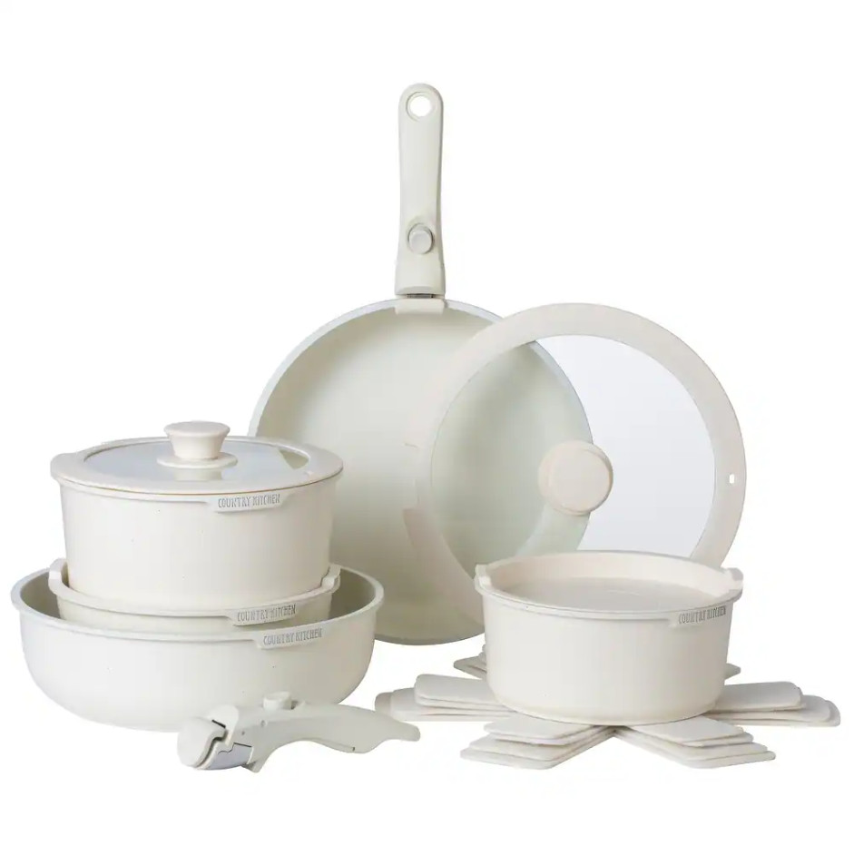 Country Kitchen RV Cookware 13Pc Pots Pans Set Removable Handle Granite Nonstick