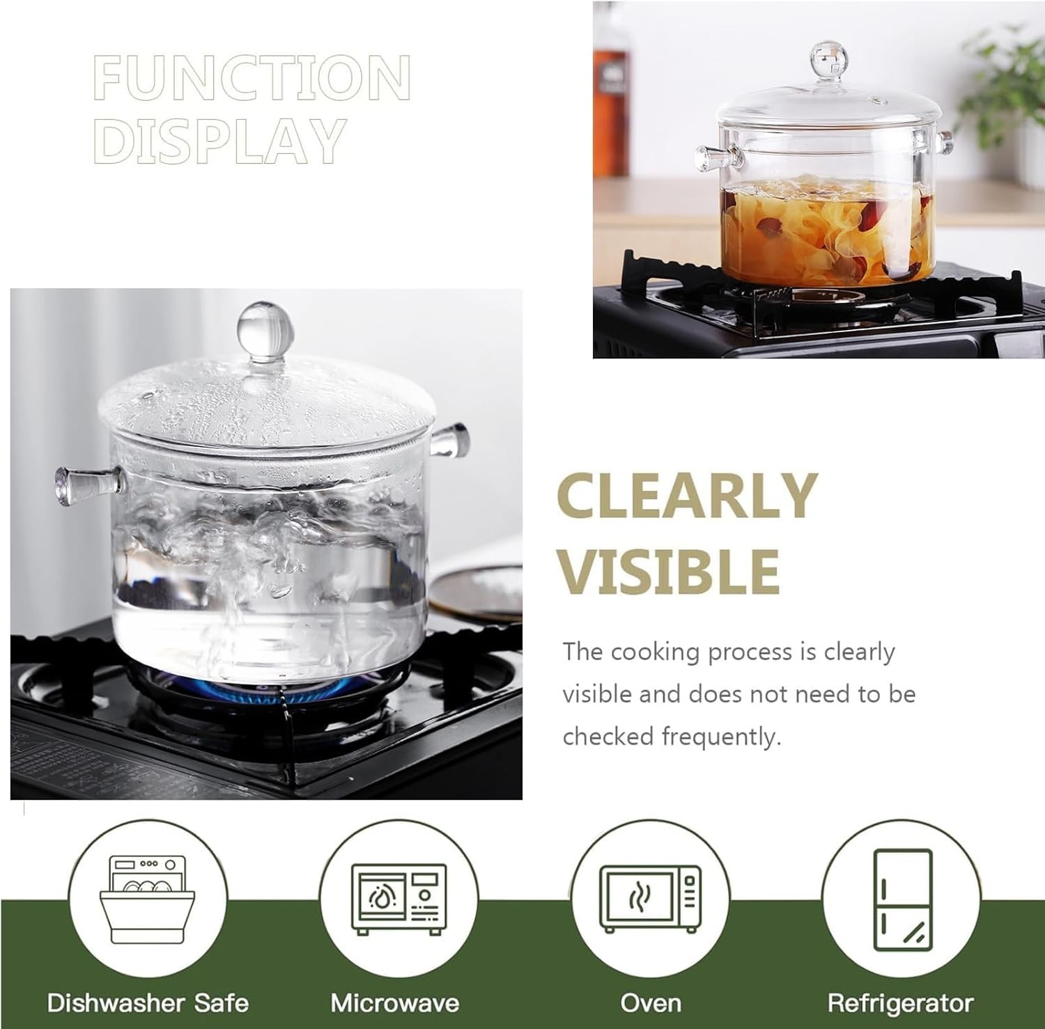 1.9L/64OZ Glass Cooking Pots Heat-Resistant Borosilicate Glass Saucepan W/ Cover