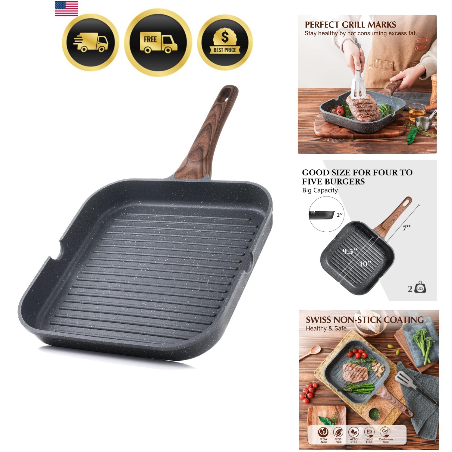 Nonstick Grill Pan for Stove Tops, Versatile Griddle with Pour Spouts, Square…