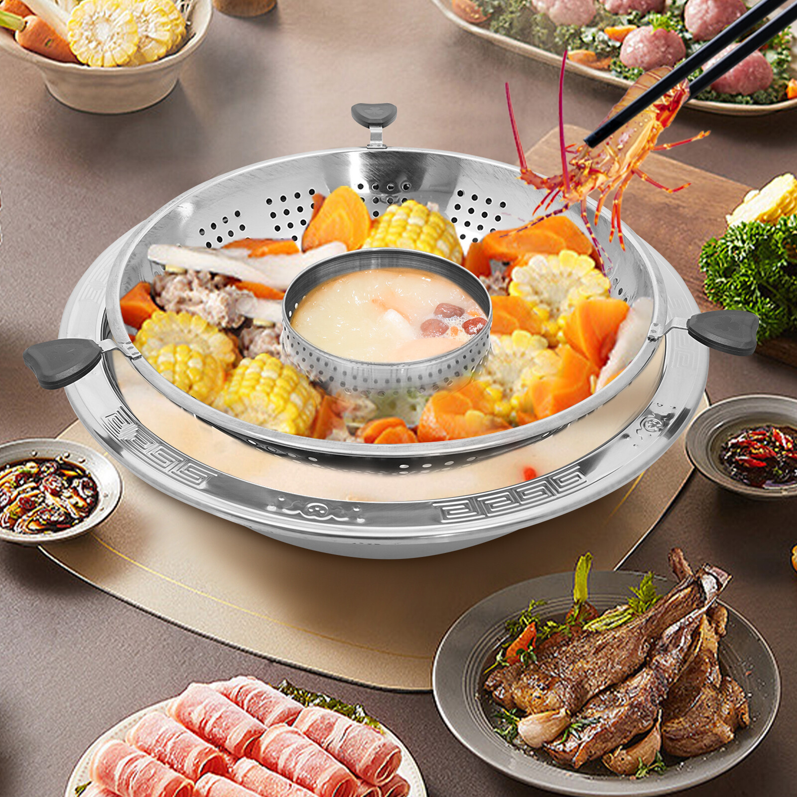 36cm Chinese-style Lifting Hot Pot Silvery Hot Pot With Divider Rotary Hot Pot