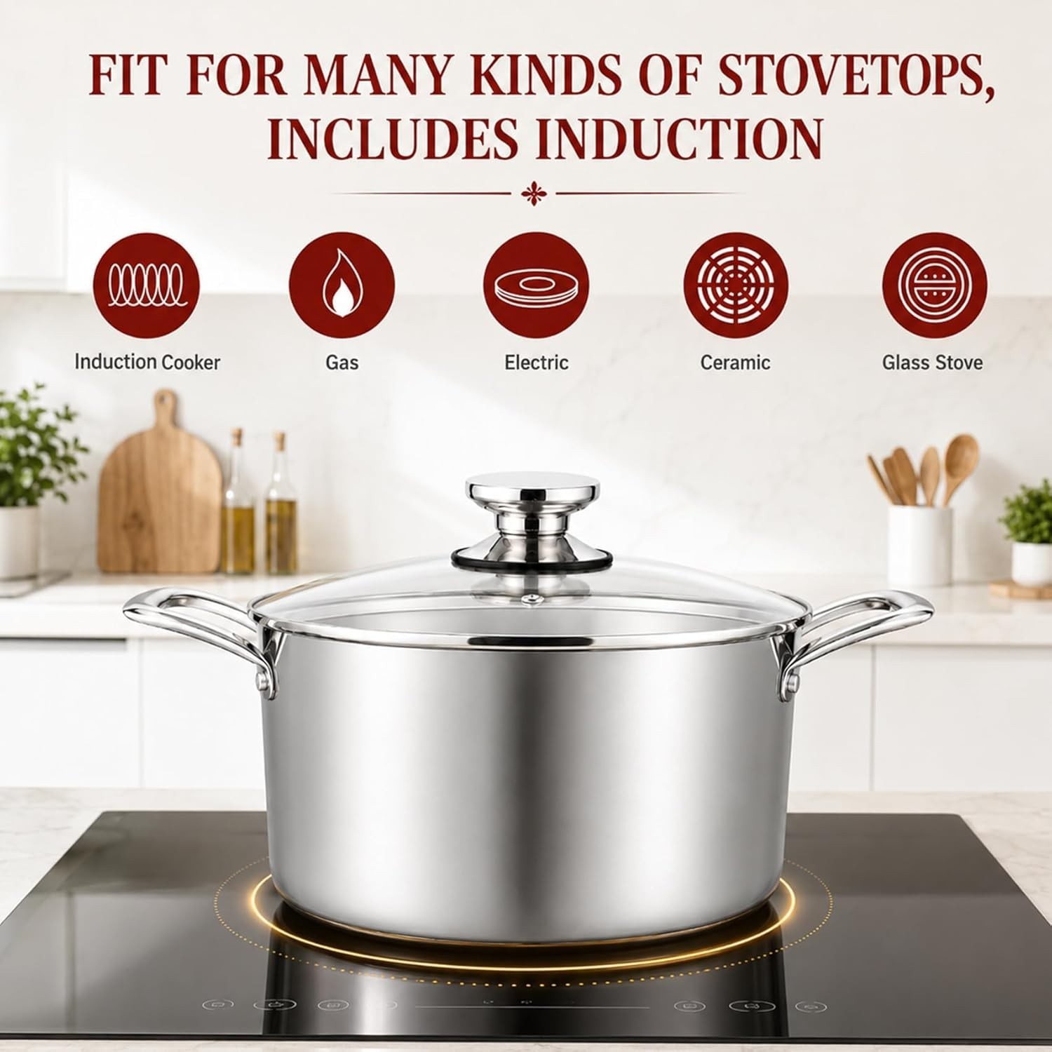 6 Quart Stock Pot, Stainless Steel Tri-Ply Cooking Pasta Pot with Tempered Gl…