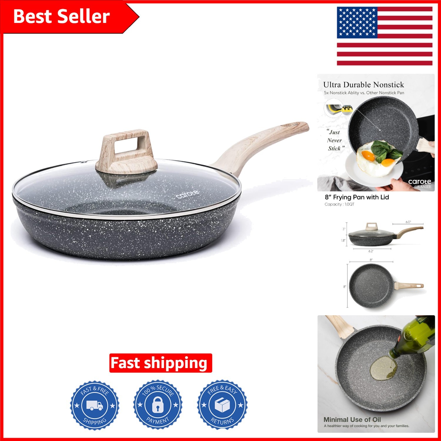 8-Inch Nonstick Fry Pan with Ergonomic Bakelite Handle & Glass Lid, Fast Heating