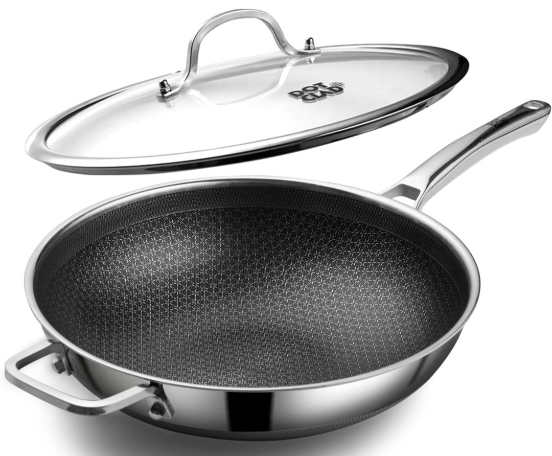 Wok pan, Hybrid 12″ Wok with Lid, PFOA Free Cookware, non stick Stainless Steel