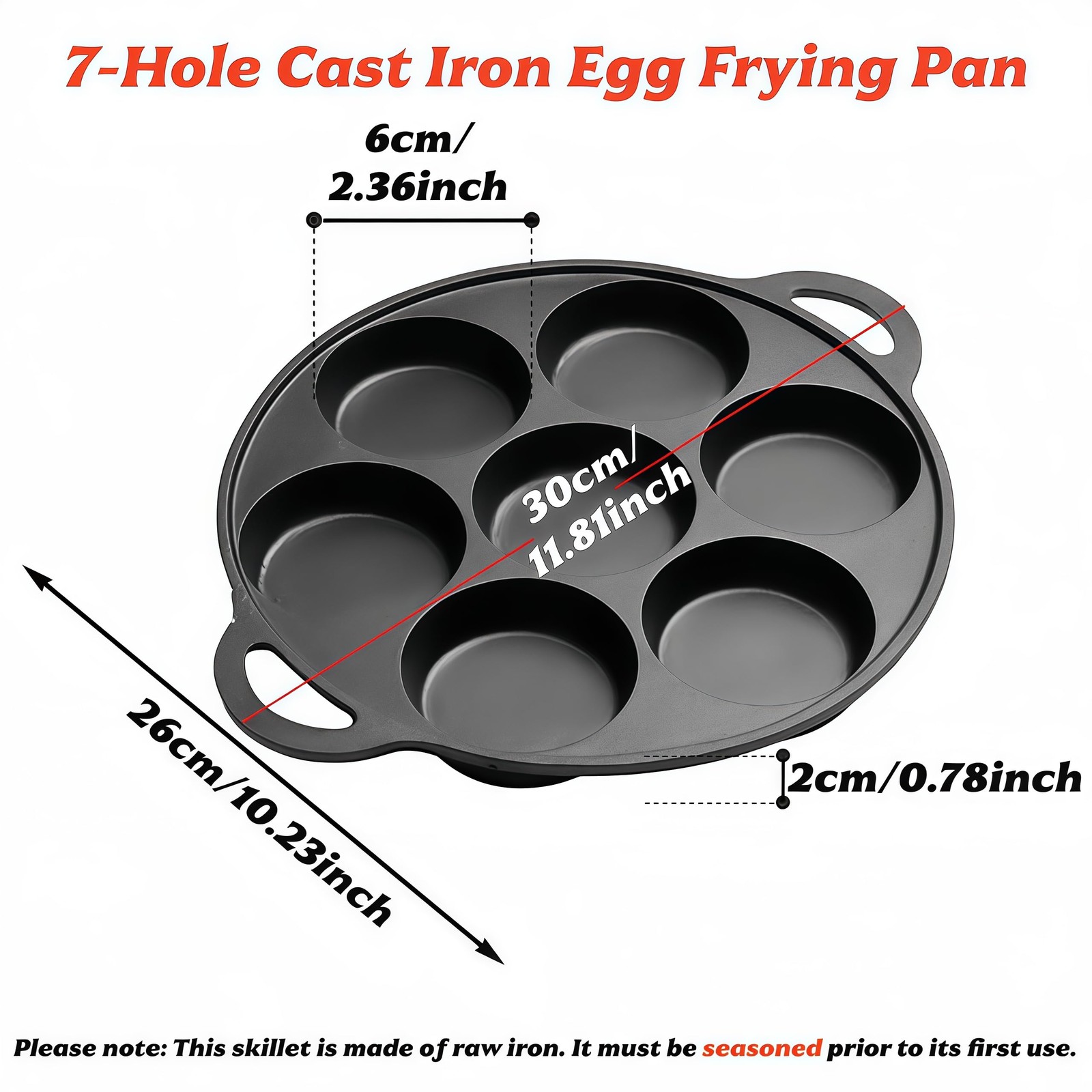 Cast Iron 7Cup Egg Pan Skillet 10 Inch Omelette Breakfast Fried Sandwiches