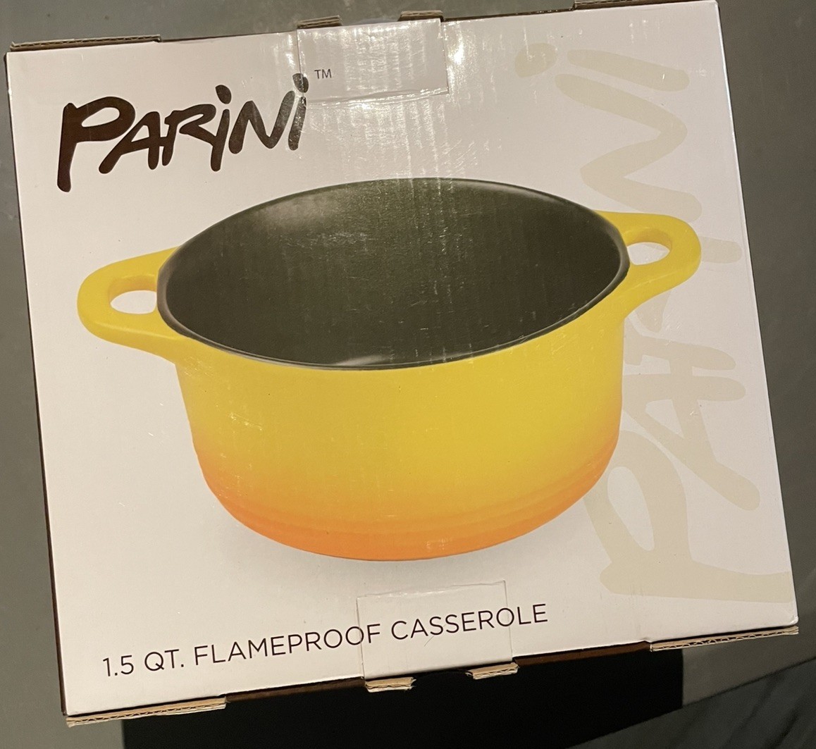 New in Box PARINI 1.5 QT Flameproof Casserole Dish Yellow