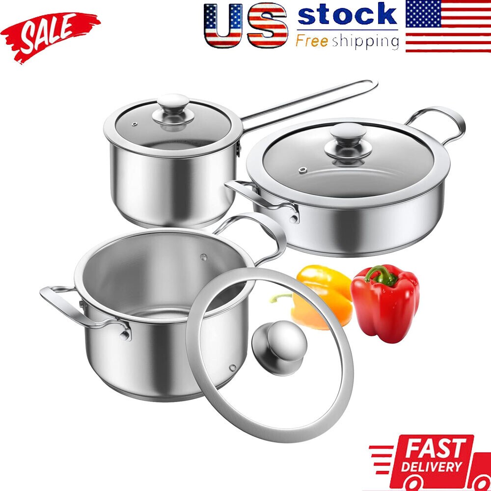Stainless Steel Pots & Pans Set 6 Pcs Nonstick Kitchen Induction Cookware Silver