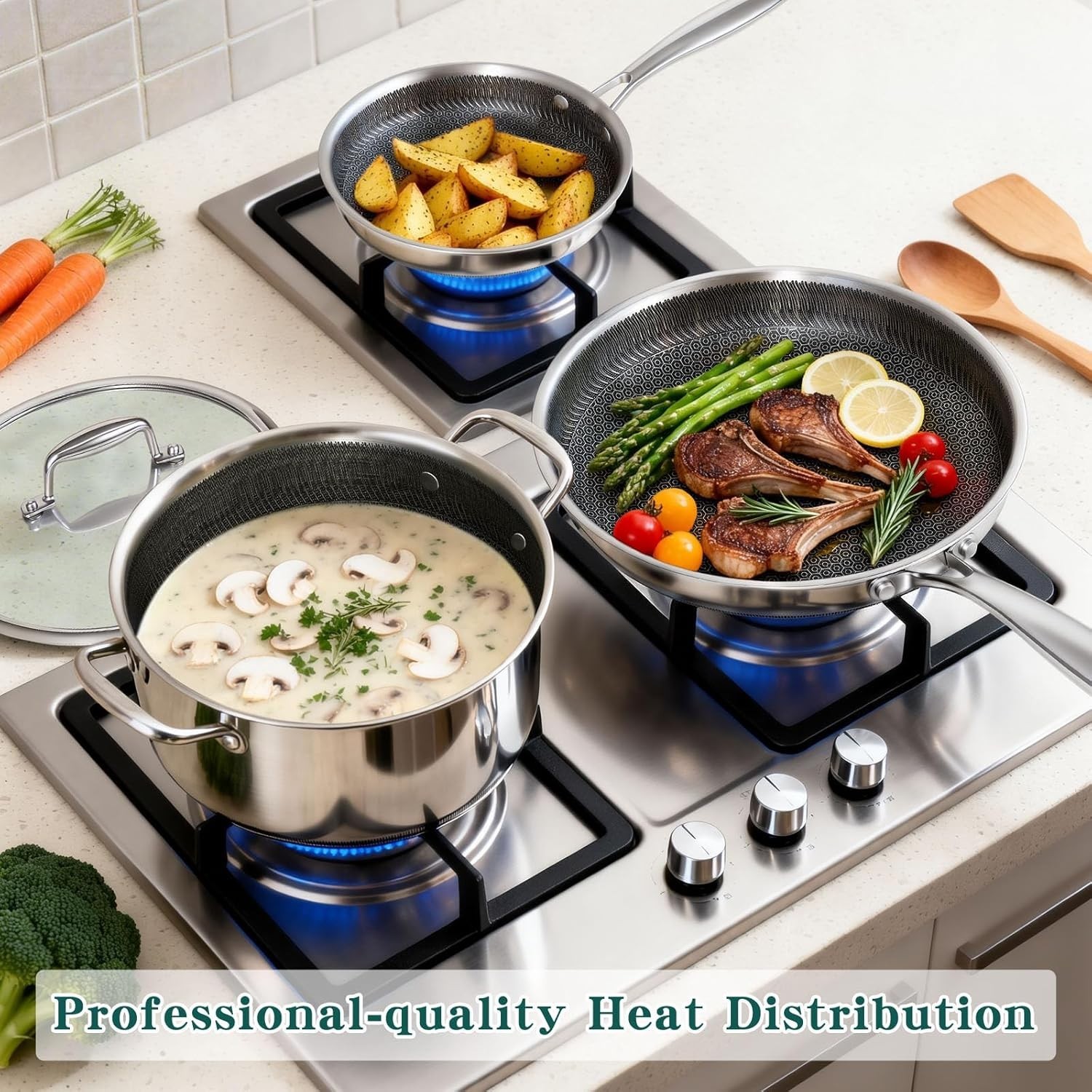 14-Piece Hybrid Stainless Steel Cookware Set Non-Stick Pots and Pans with