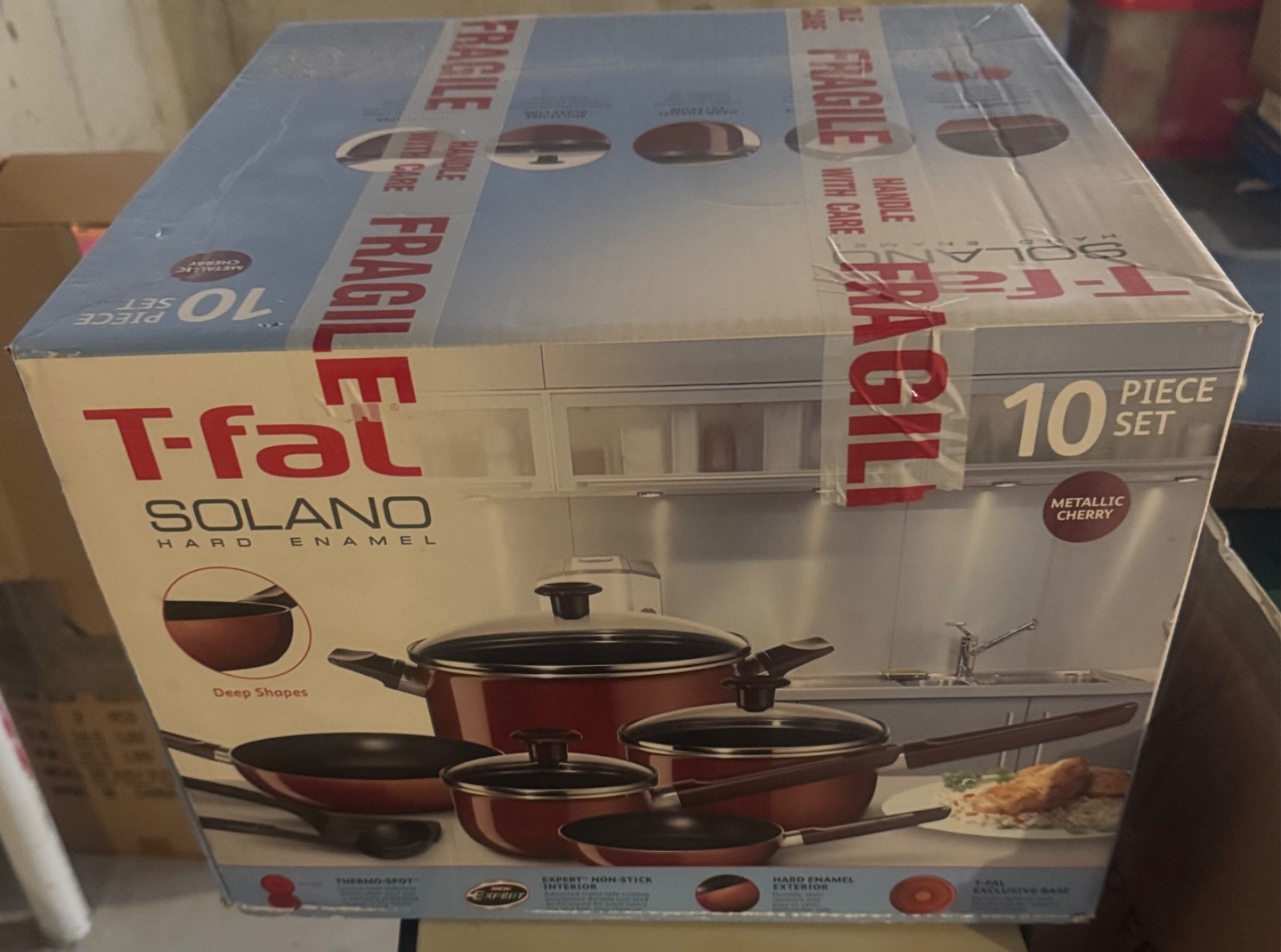 New In Box T-Fal Solano Hard Enamel 10 Piece Cherry Set