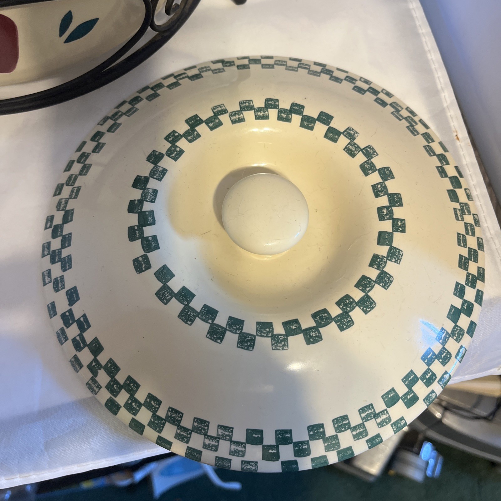 Casserole Dish Cream Painted Apple Design & Green Checkered Metal Black Holder