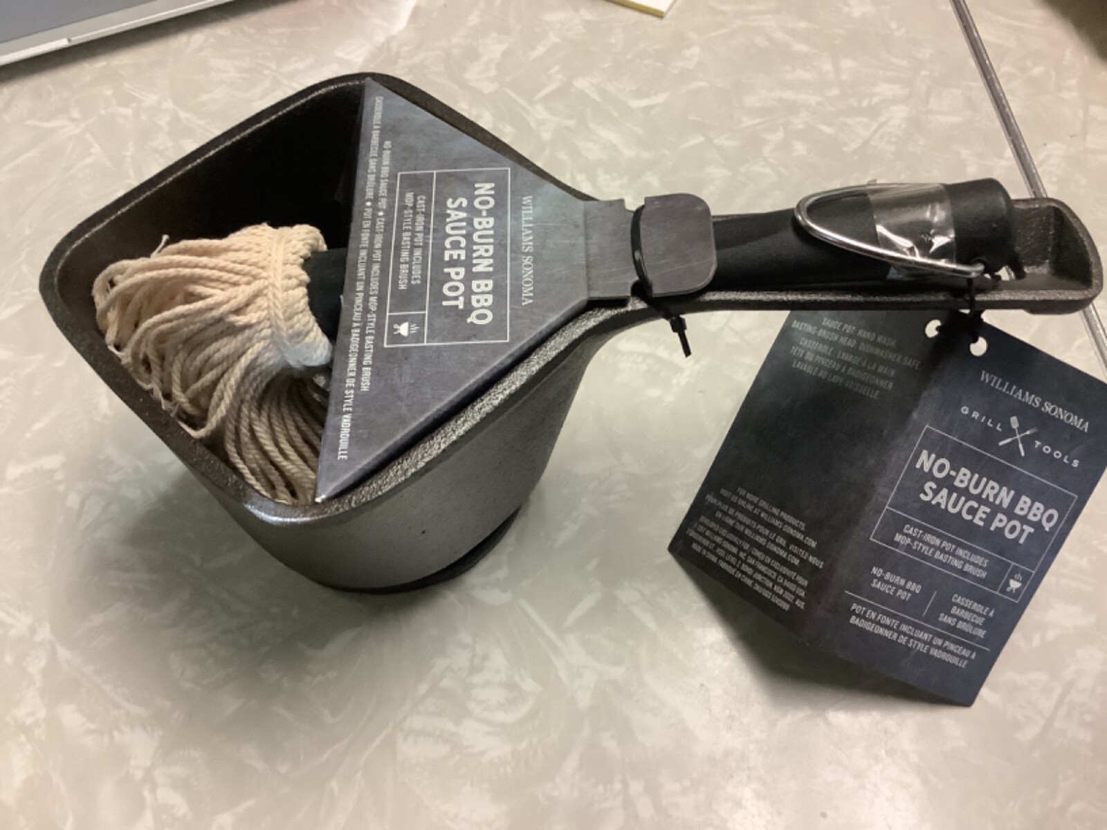 NEW Williams Sonoma BBQ Tools Cast Iron Grille Sauce Pot w Basting Brush No-Burn