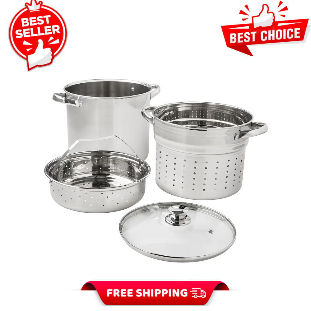Mainstays 8 Qt Stainless Steel Multi-Cooker, 4 Piece Pasta Pot Steamer Basket