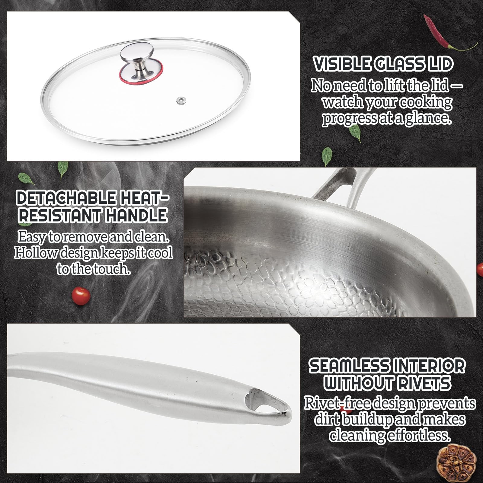2 Pcs 10.24″ 11.81″ Titanium Pan Set, Hammered Titanium Pan with Lid for Cook…