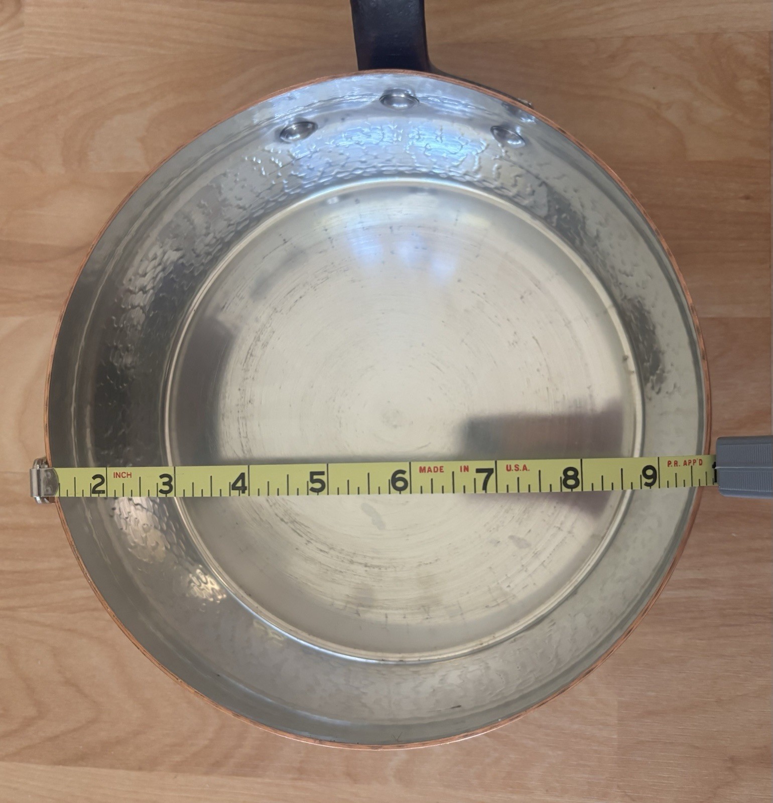 Hammered Copper Saute Pan Stainless Steel Lined 9 in Round Long Handle 4 in