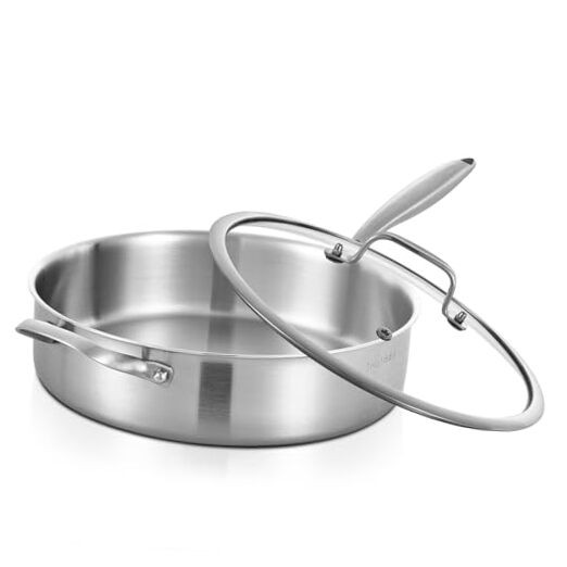 Tri-Ply 6 Quarts Sauté Pan with Lid,12 Inch Induction 6 QT Stainless Steel