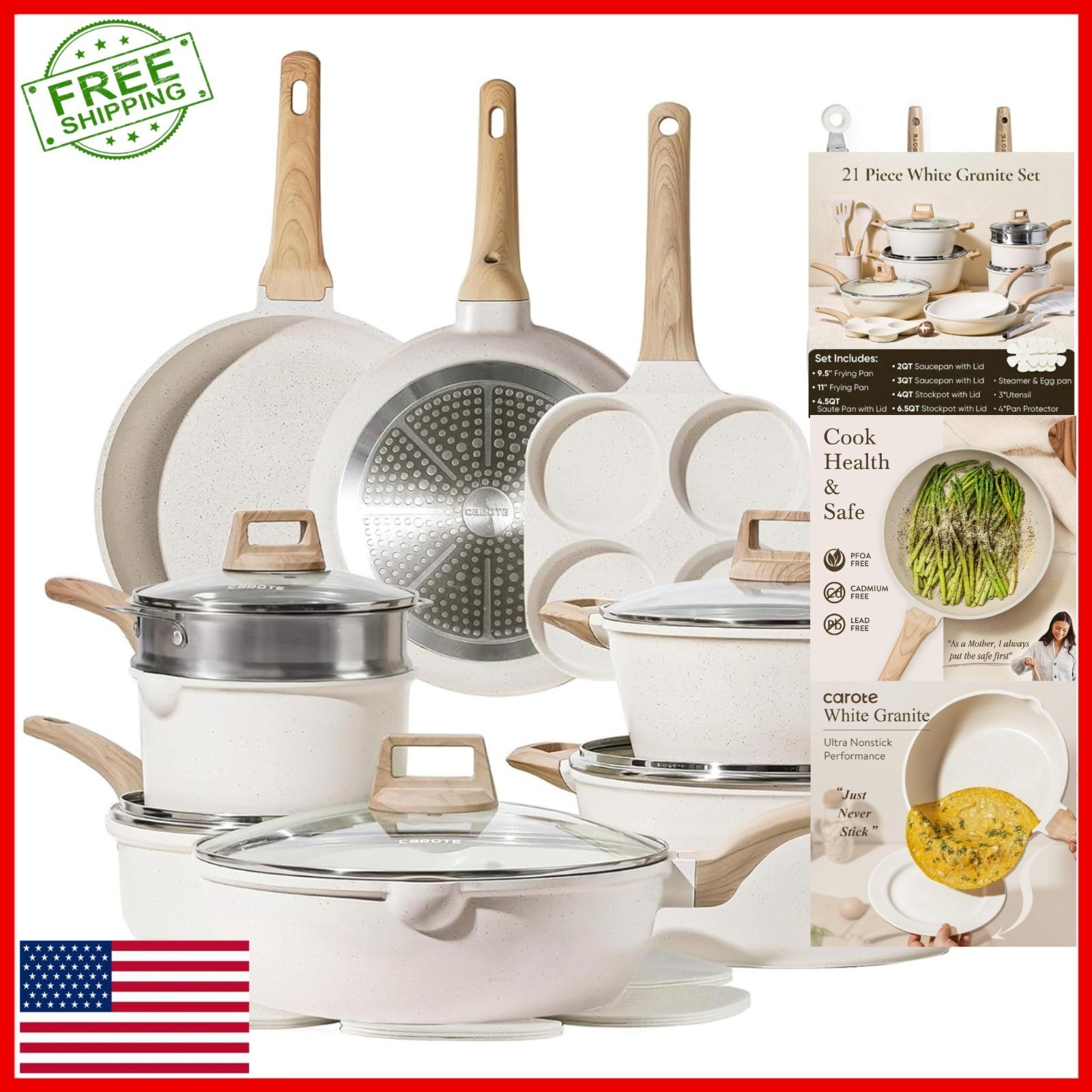 CAROTE 21pcs Nonstick Cookware Set, Induction Compatible, Easy Clean