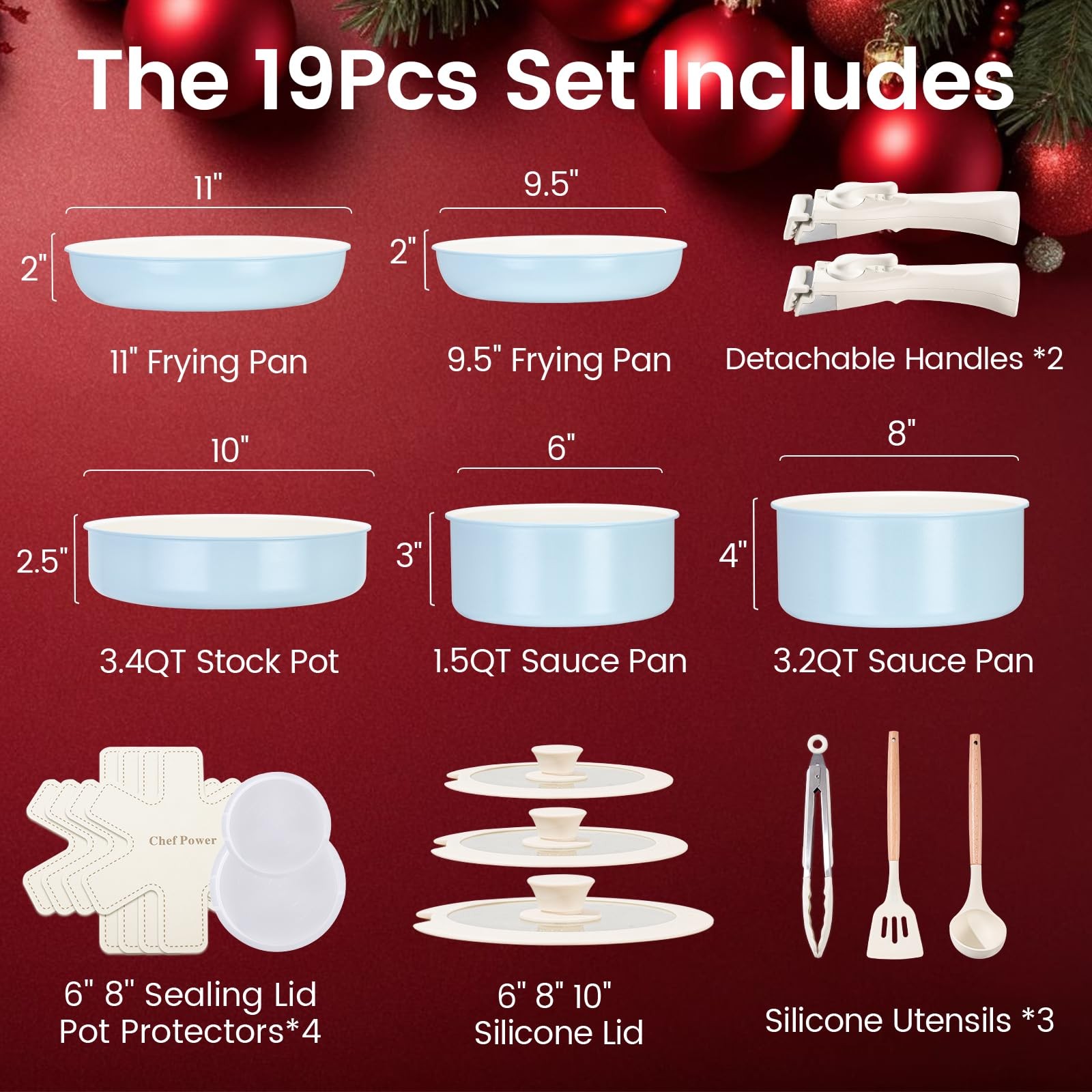 Chef Power Ceramic Nonstick Pots and Pans Set 19 Piece with Detachable Handle…