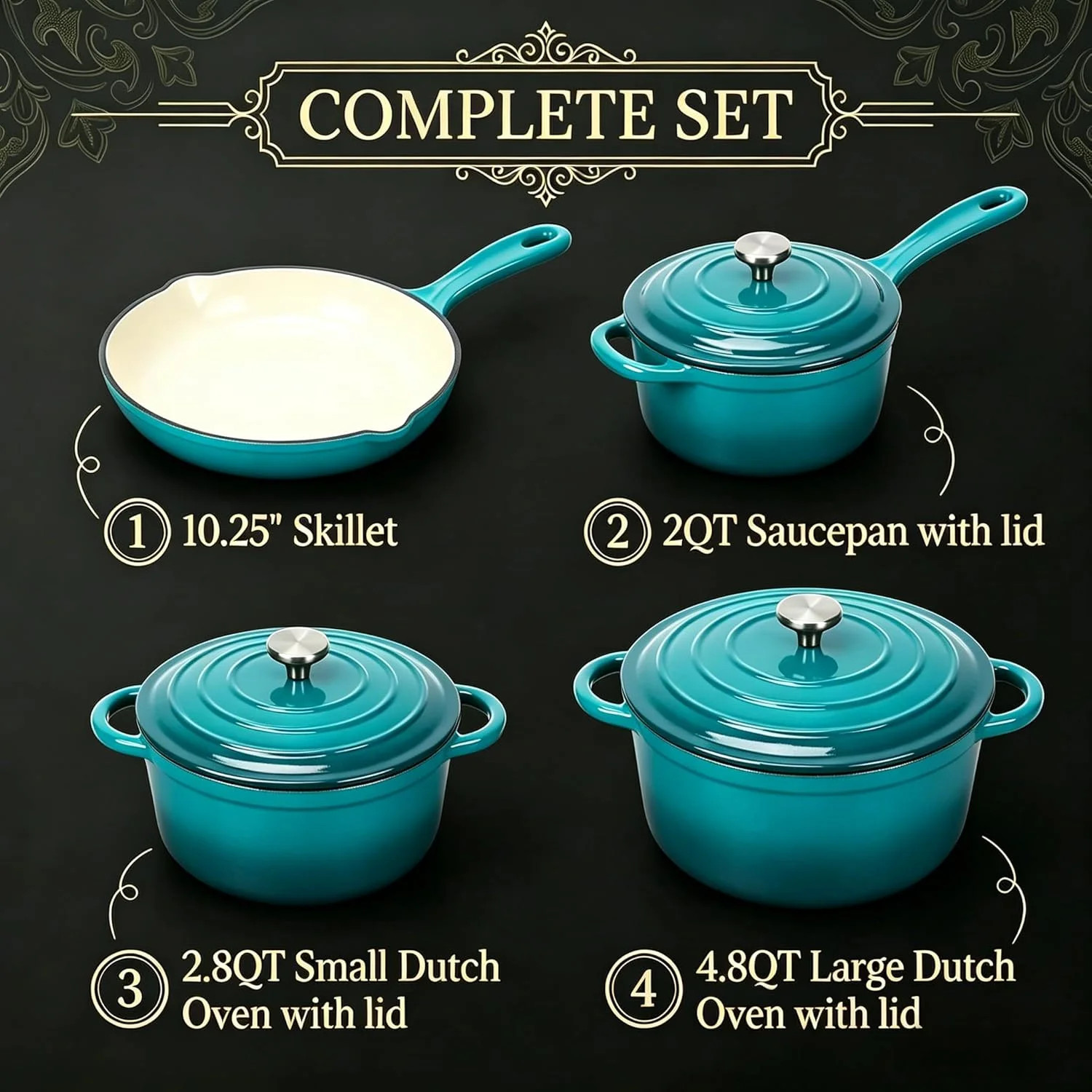 QuliMetal Enameled Cast Iron Cookware Set, 4-Piece Pots and Pans Set with Lids,