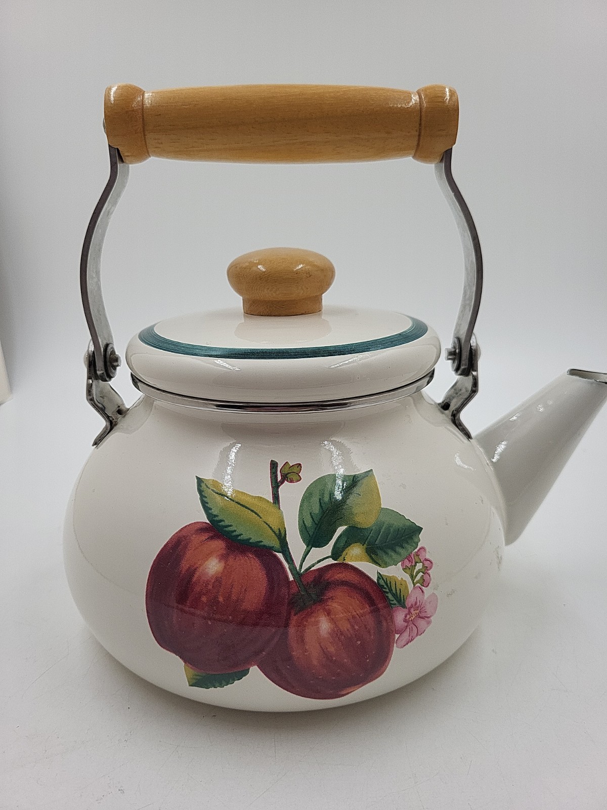 Vintage Apple Casuals Metal Tea Kettle & Lid, Wooden Handle