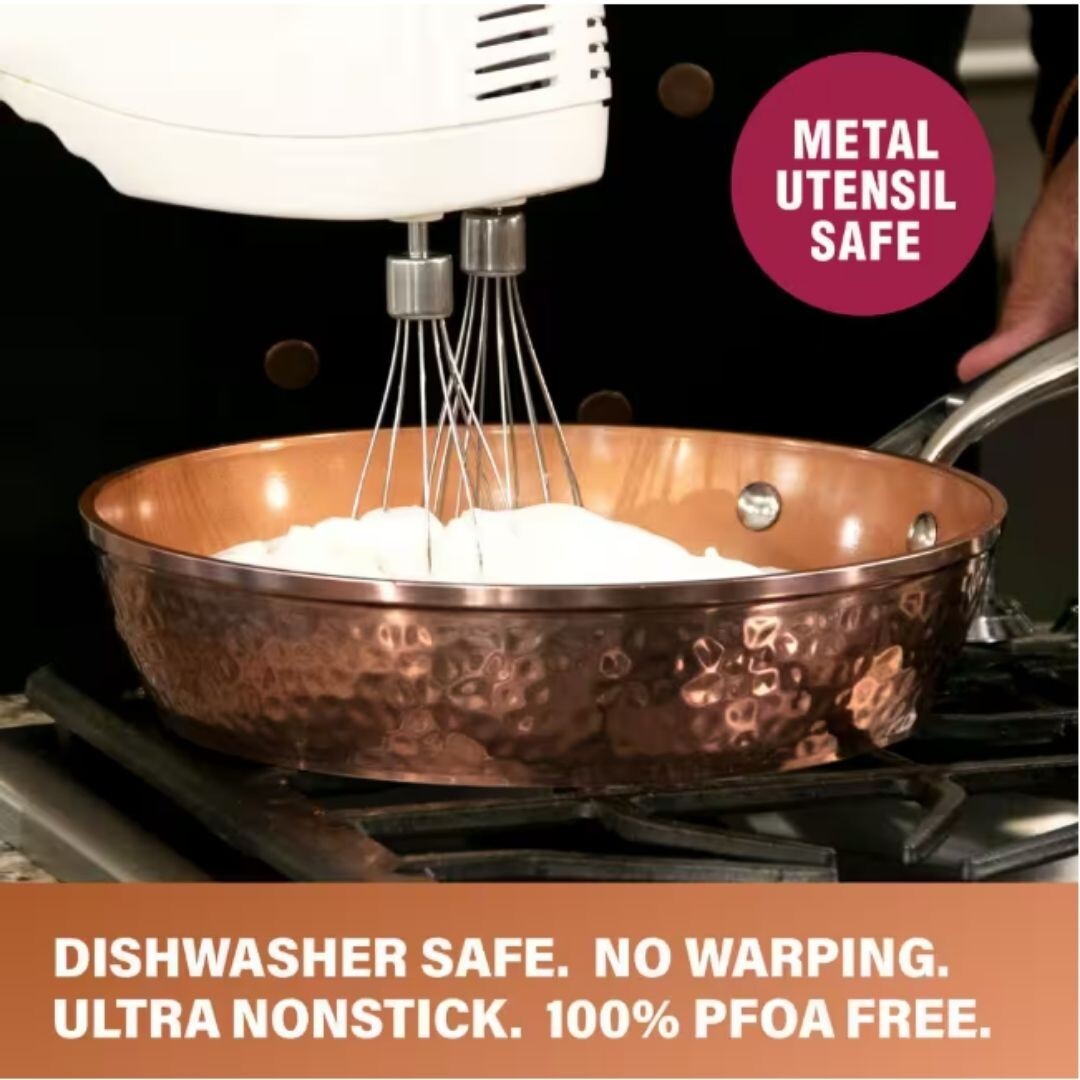 Hammered Copper 12 in. Aluminum Non-Stick Fry Pan with Glass Lid