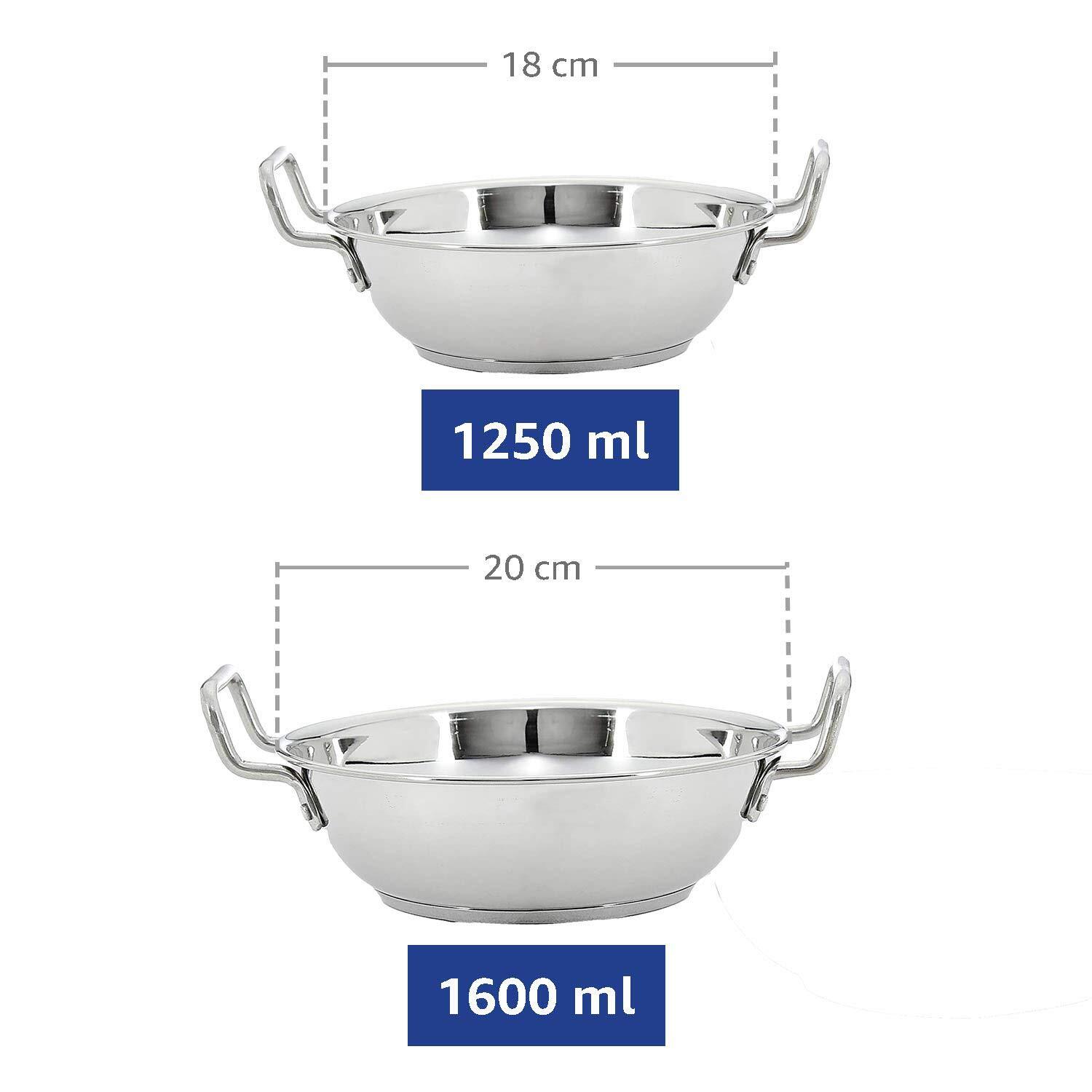Stainless Steel Induction Bottom Kadhai Set size 19cm, 21cm 2 pieces 1.2 & 1.5lt