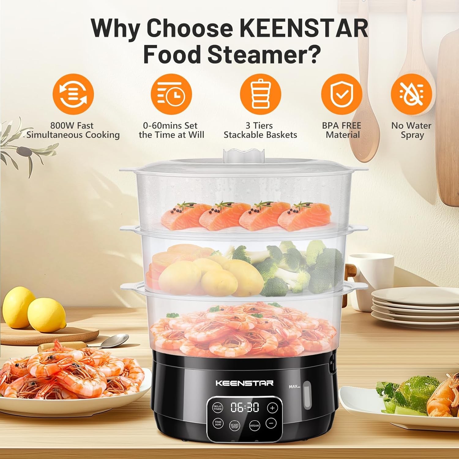 Electric Food Steamer 13.7QT, 3-Tier BPA-Free Baskets, 800W Fast Cooking