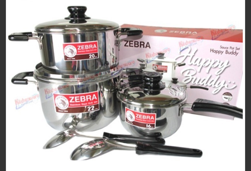 Thai Zebra Brand Kitchenware Set 3 Sauce Pots Set with 2 Ladles Stainless Steel