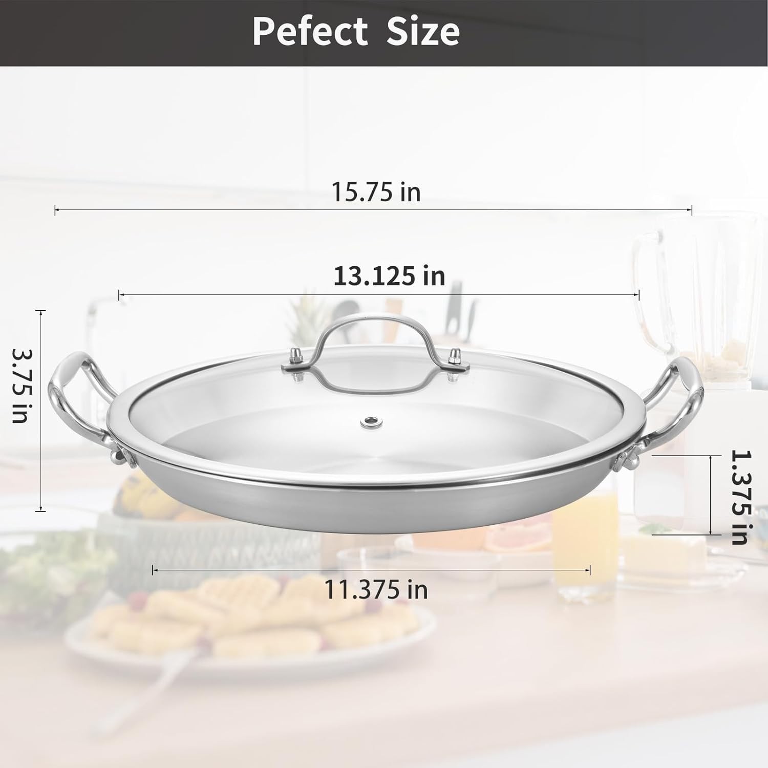 13 Inch Tri-ply Stainless Steel Paella Pan with Lid,Griddle,Large Skillet,Omelet