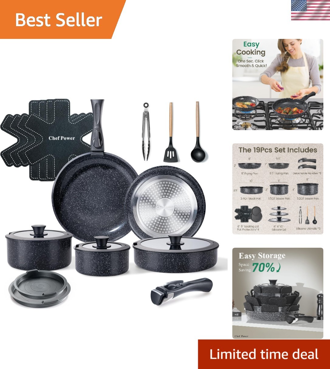 Chef Power 19-Piece Ceramic Nonstick Cookware Set – Detachable Handle, Versatile