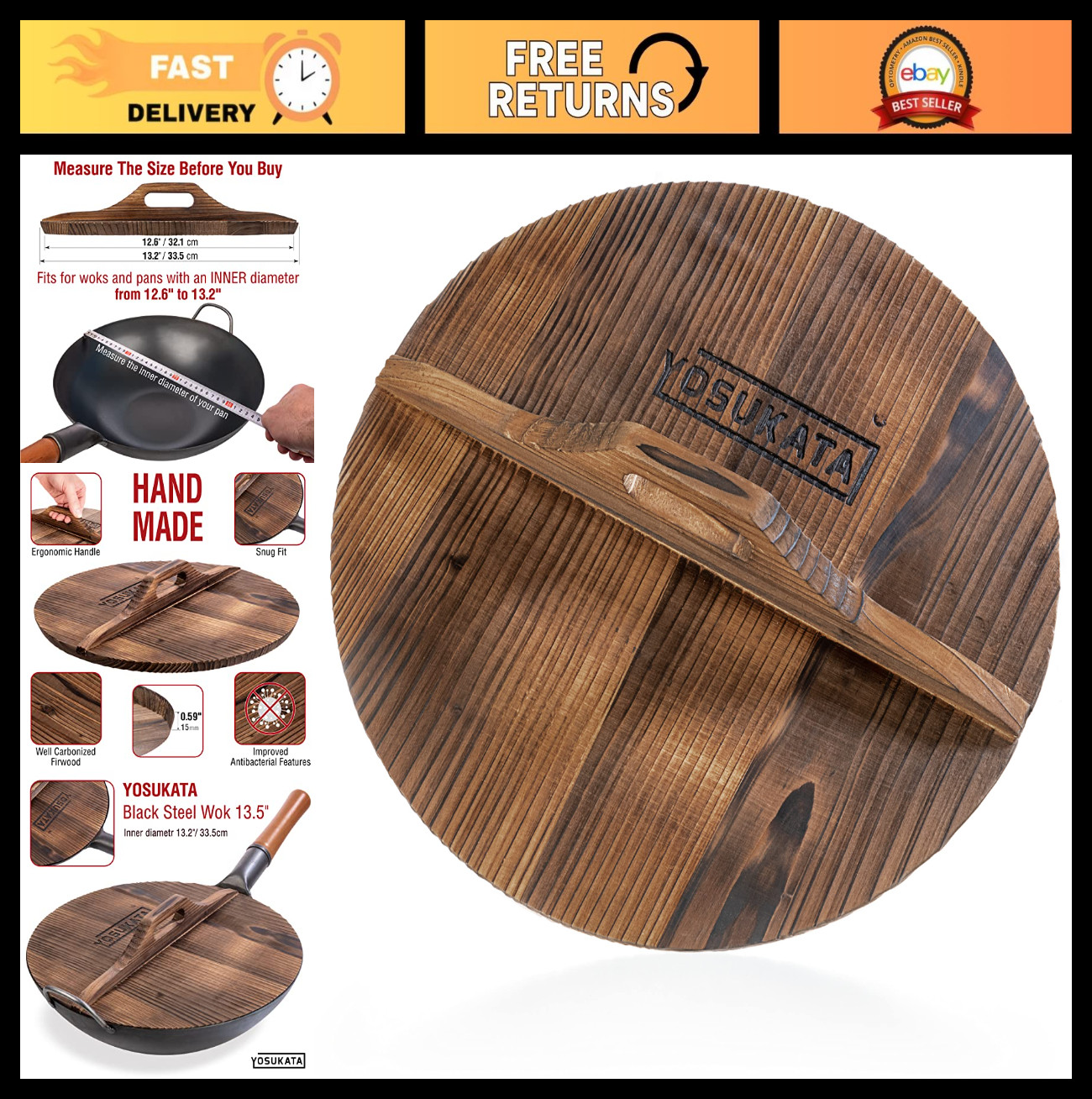 Premium 13.2″ Wok Cover – Wooden Lid for Frying Pan – Ergonomic Handle – Durable