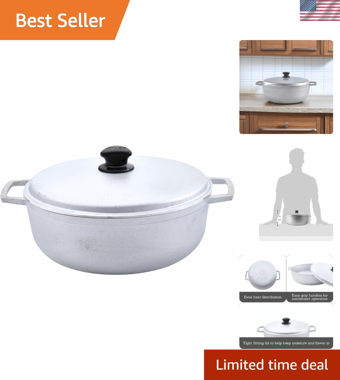 Caldero Cooking Pot 7.5 Qt with Lid Aluminum Non Stick Large Kitchen Tool