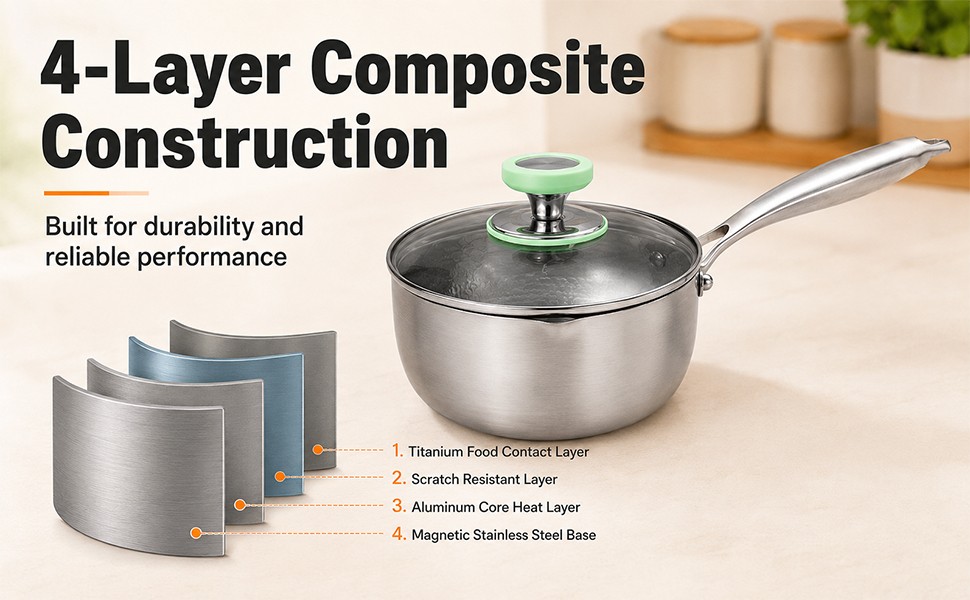 Titanium Pan Pot with Lid, Non-Stick Titanium Saucepan, 500°F Heat Resistant,