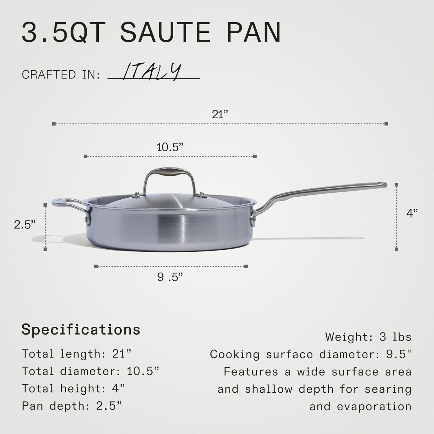 Professional 3.5 Quart Stainless Steel Saute Pan – Induction Ready, Italy Made