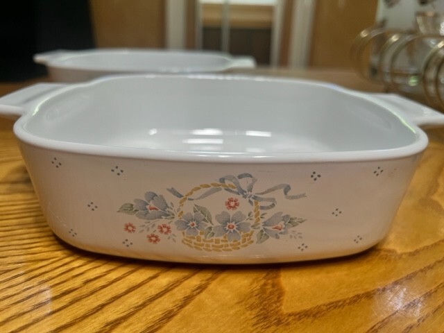 TWO CORNING WARE A-1-B 1 LITRE BLUE CORNFLOWER PATTERN SKILLET CASSEROLE DISHES