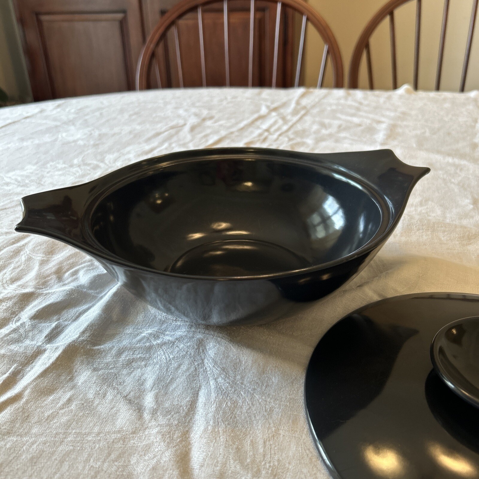 Monterey Pottery Casserole Dish OS Black Lidded Side Handles Retro Kitchen