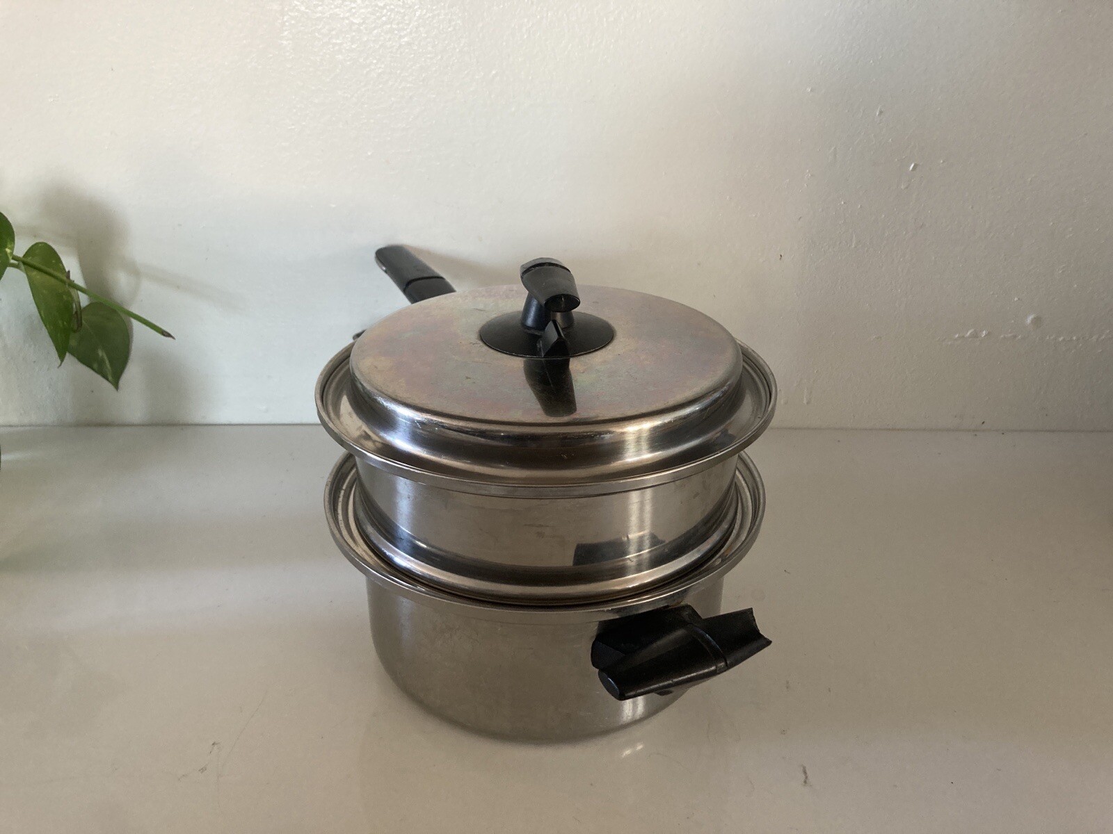 Vtg VACUMATIC 2qt SAUCEPAN w/STEAMER & VENT LID Surgical Stainless Steel 304 Flw
