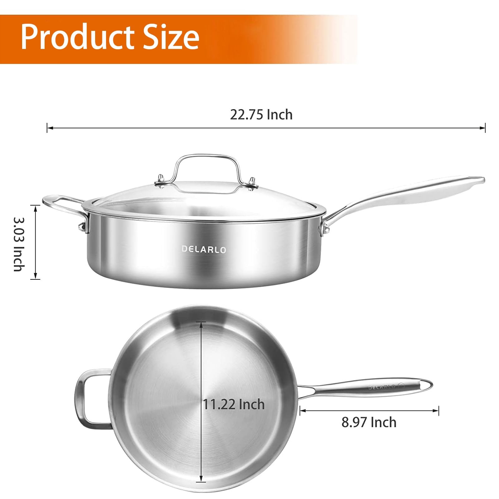 Tri-Ply Stainless Steel Frying Pan,12 inch Skillet with Lid,6 Quart Saute Pan…