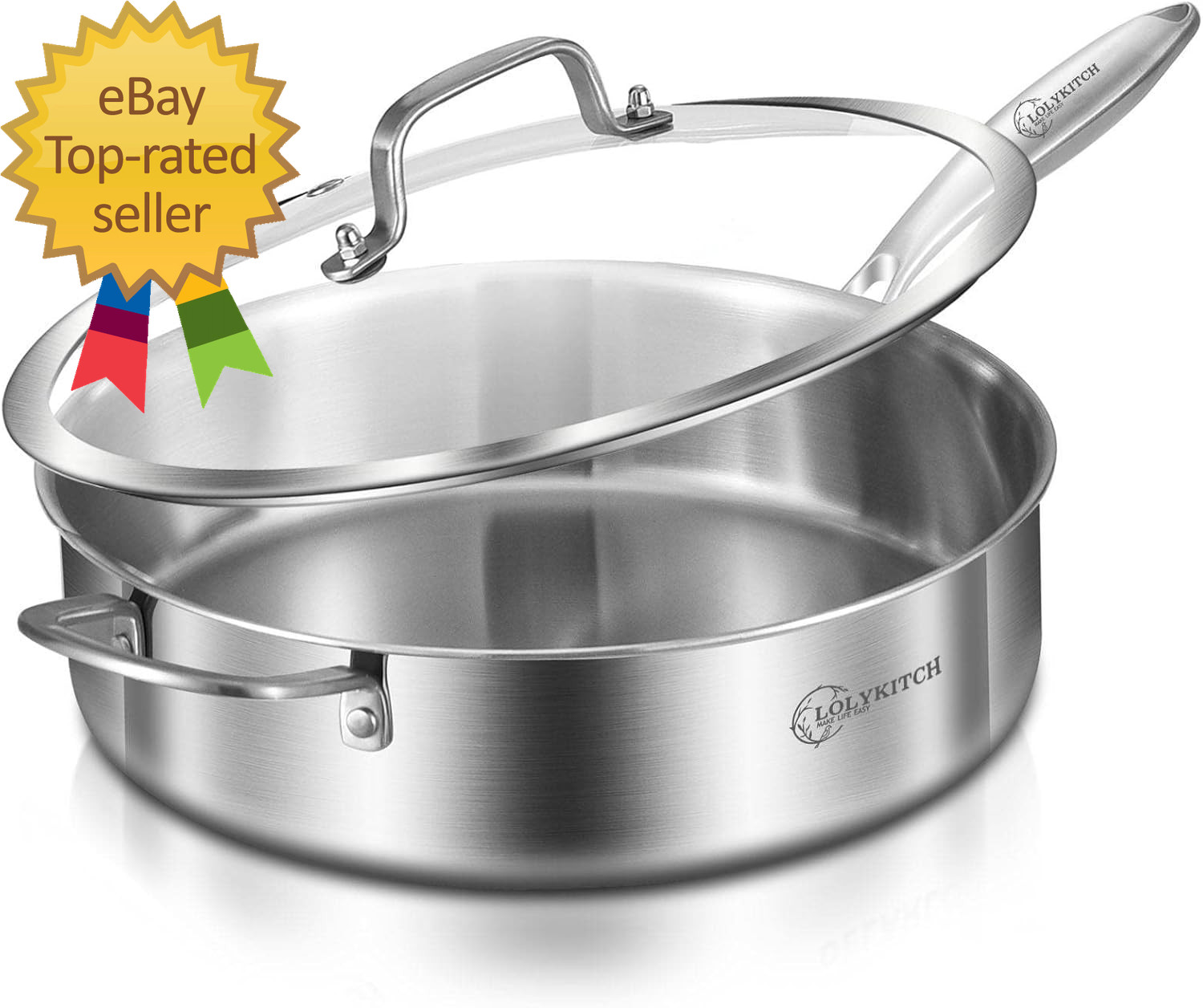 6 QT Tri-Ply Stainless Steel Sauté Pan with Lid Deep Frying Pan Large Skillet
