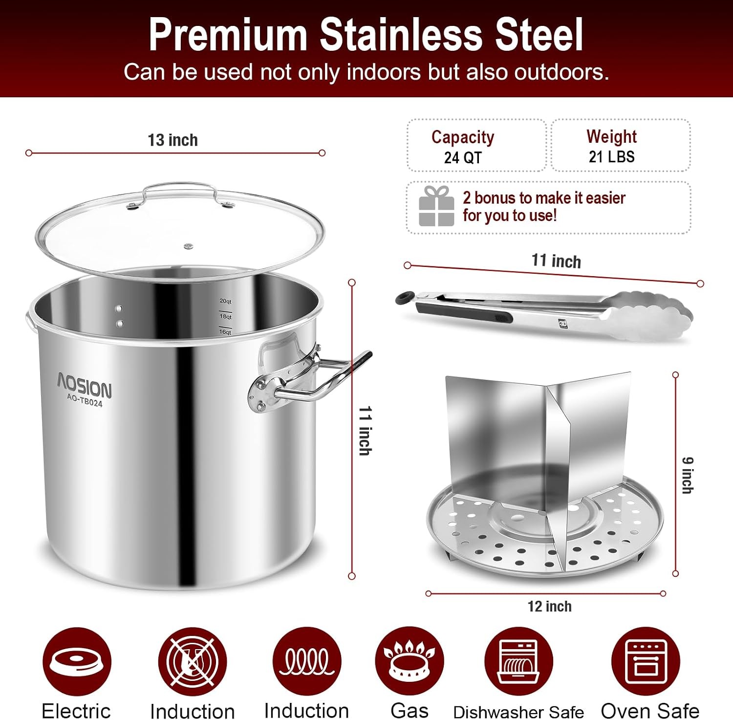 24QT Large Stainless Steel Stock Pot W/ Lid Steamer Rack & Divider Heavy Duty