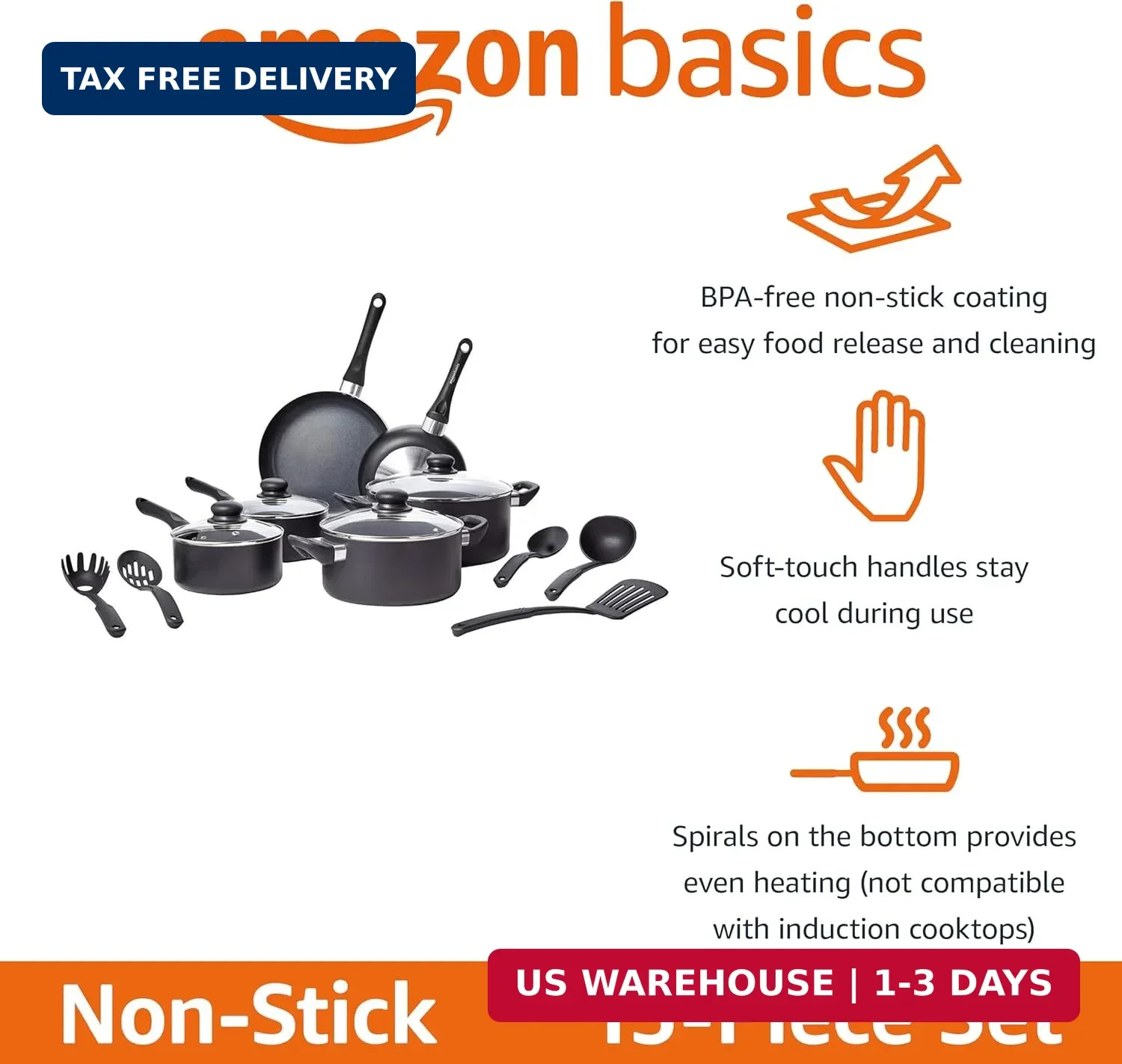Amazon Basics Non-Stick Kitchen Cookware 15-Piece Set with Stay-Cool Handles, Ev