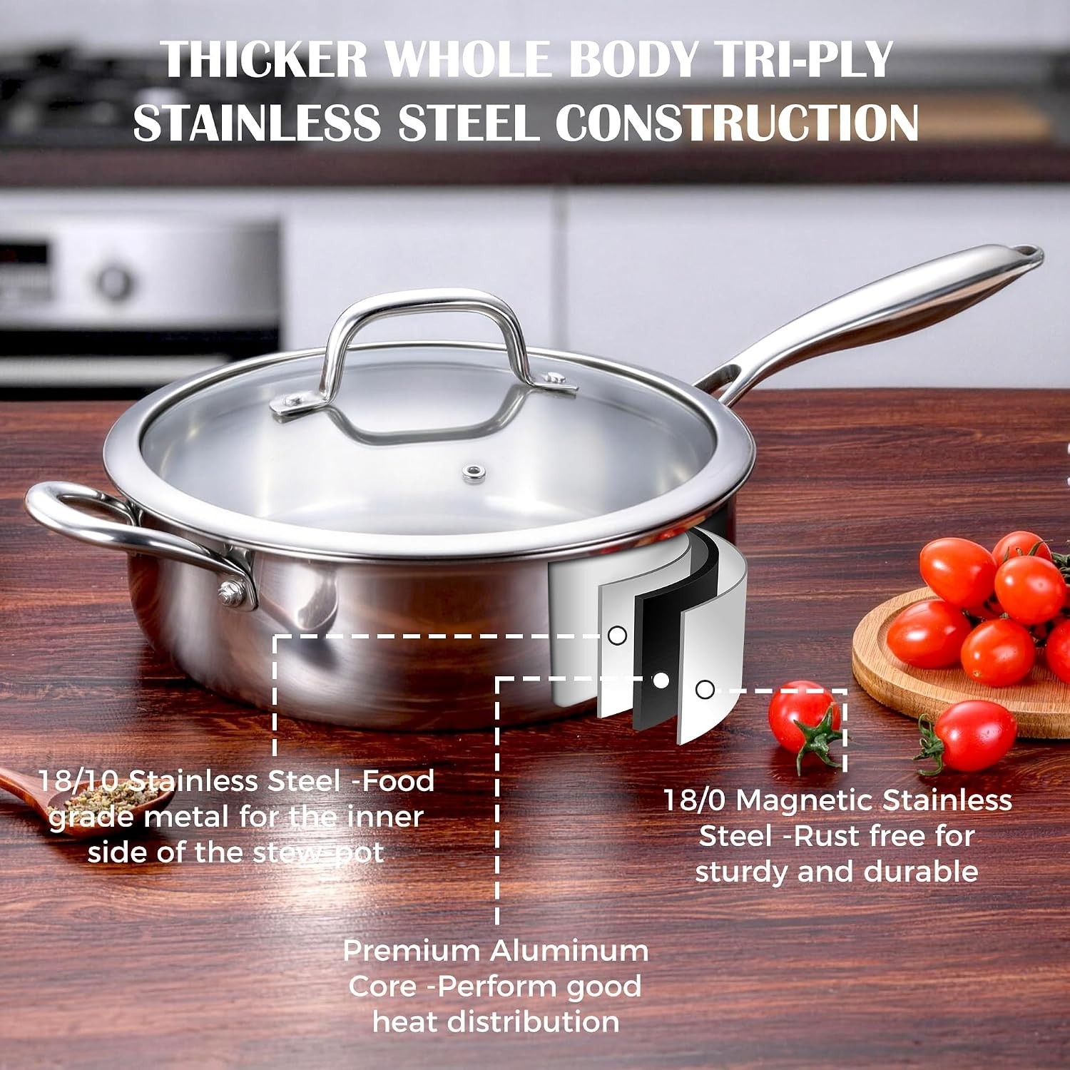 10 Inch Deep Frying Pan with Lid, 4.5QT Tri-Ply Stainless Steel Saute Pan, Br…