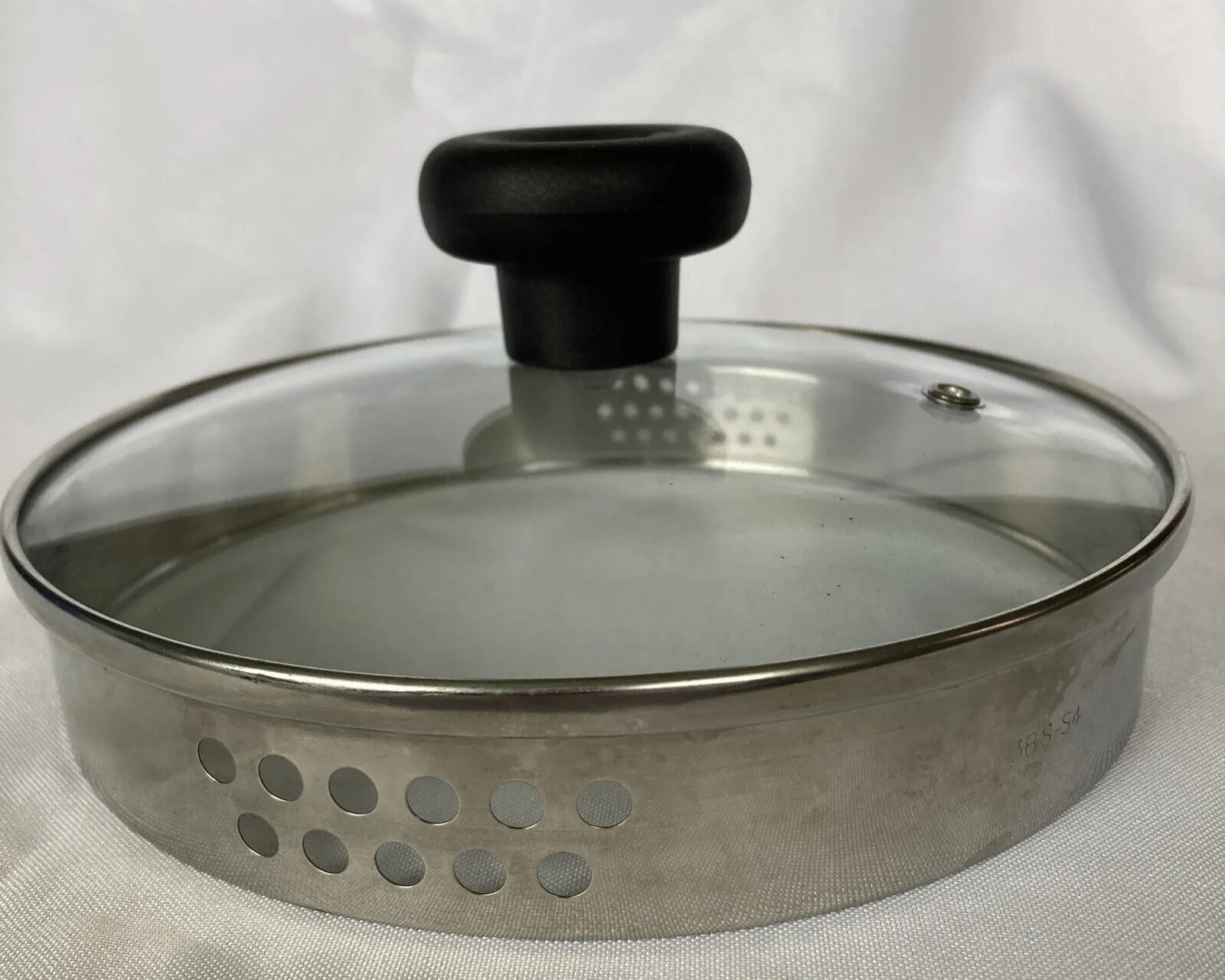 T-fal Replacement Lid 7″ Strainer Sides Glass Stainless Steel Black Handle Vent