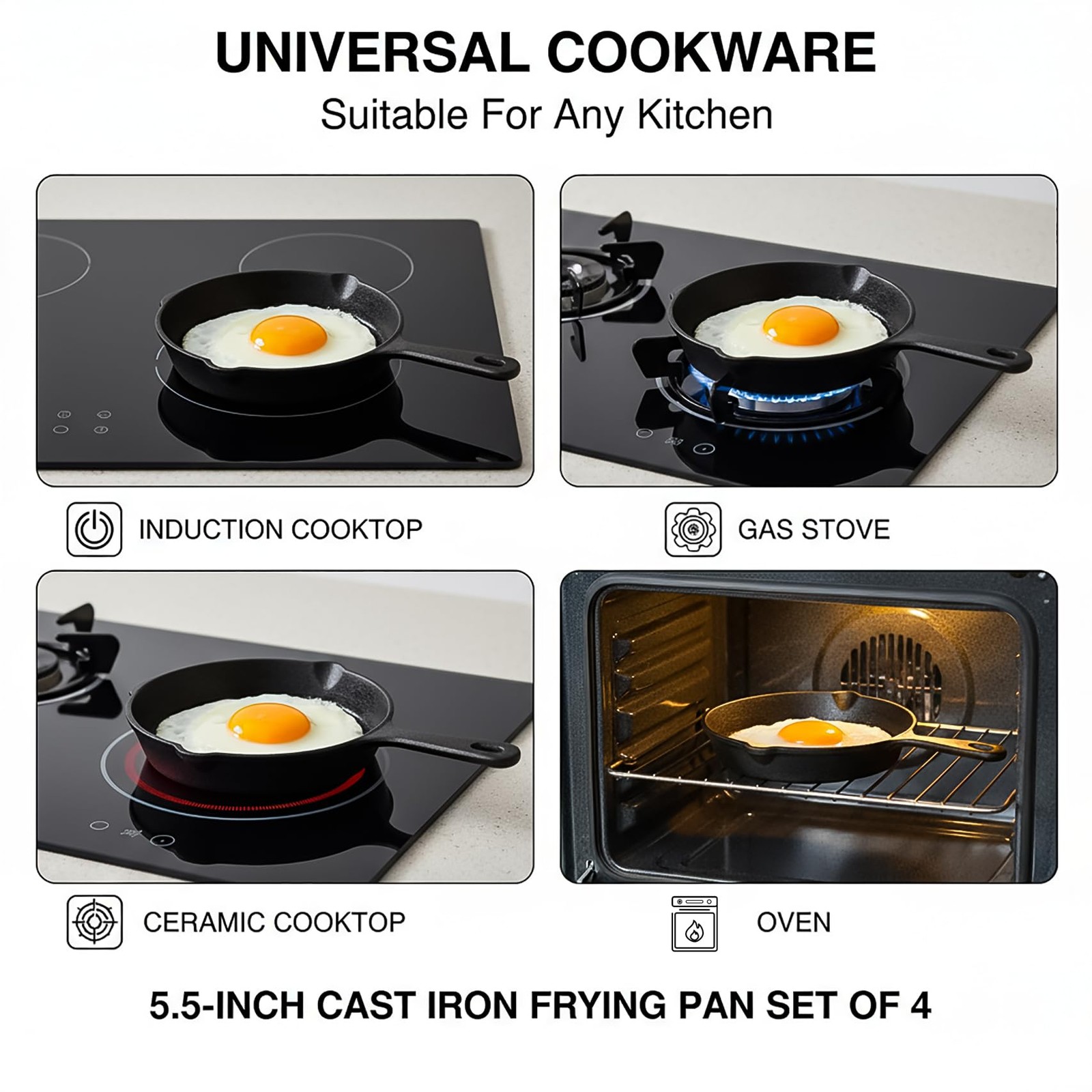 4 Pack Small Cast Iron Skillet, 5-1/2 Inch Frying Pans with Double Drip-Spout…