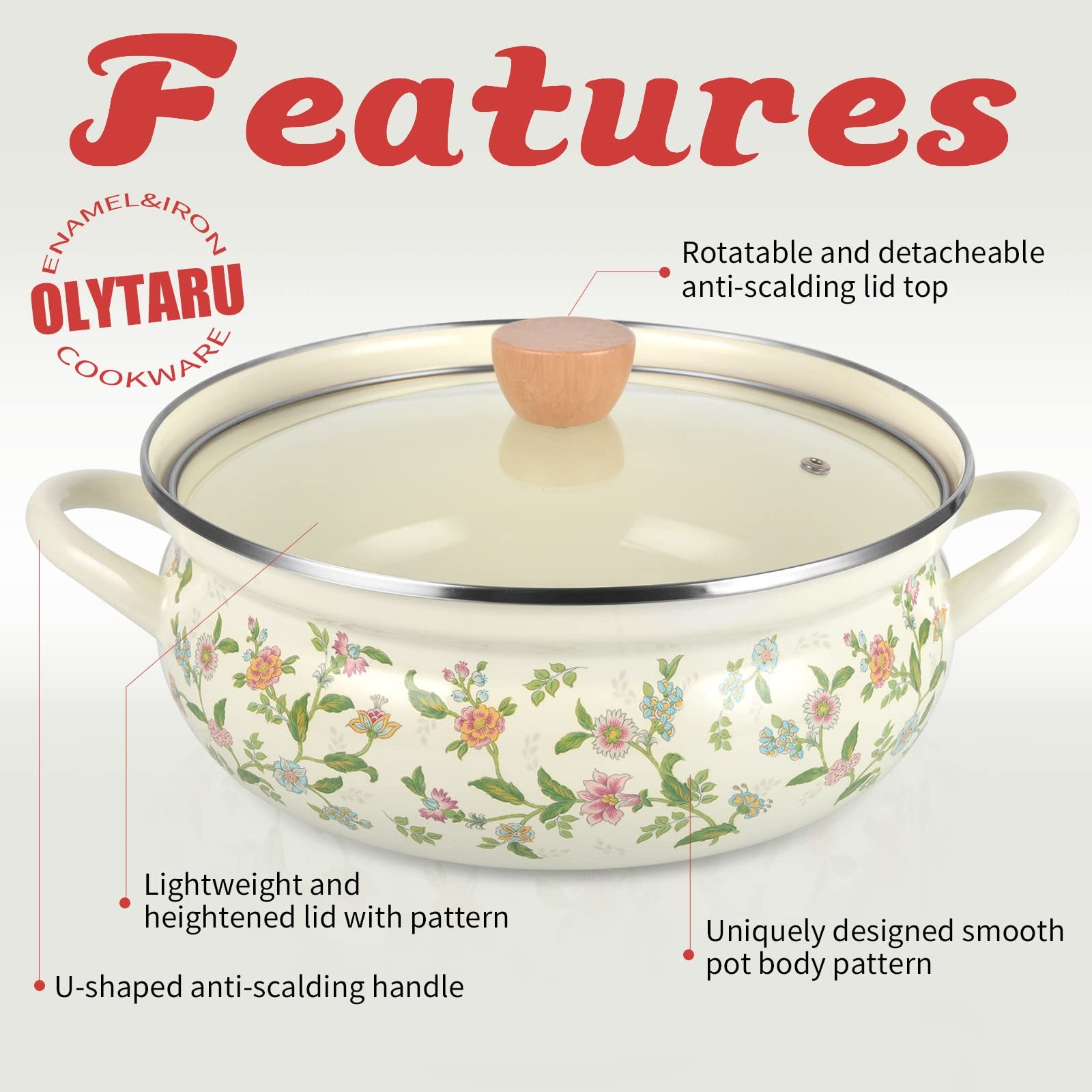 Enamel Stock Pot With Lid Floral Retro Cooking Non Stick Soup Induction STYLE1