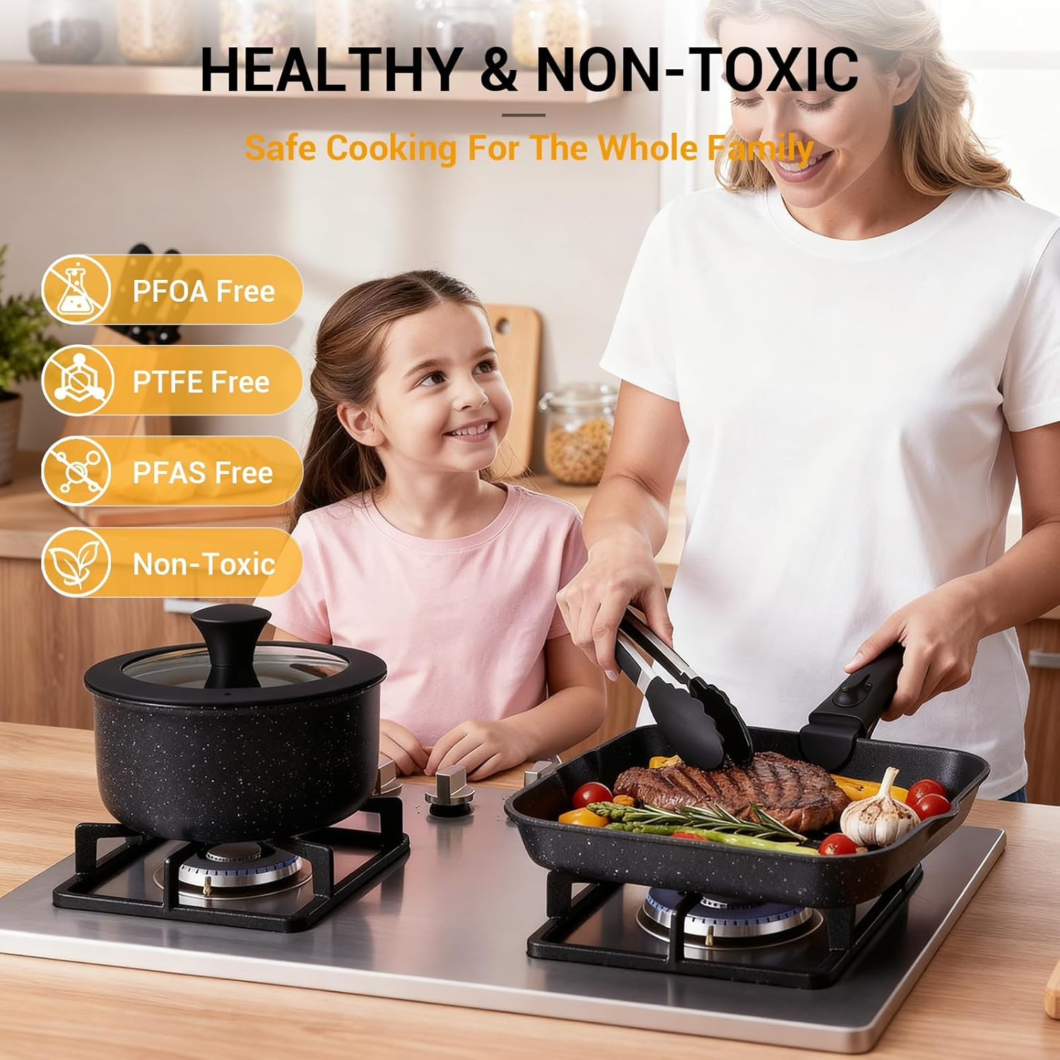 21 Pcs Pots and Pans Set Non Stick with Detachable Handle & Grill Pan, Induction