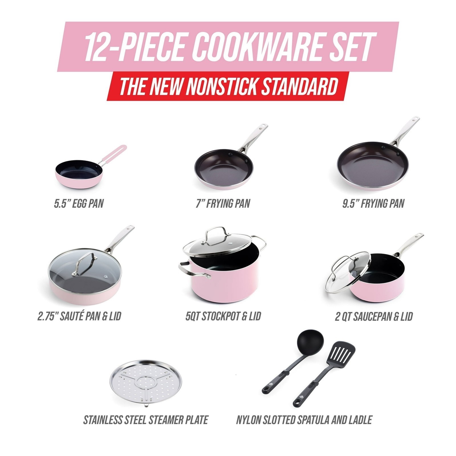 Blue Diamond Toxin-Free Ceramic 12-Piece Pots & Pans Cookware Set, Pink