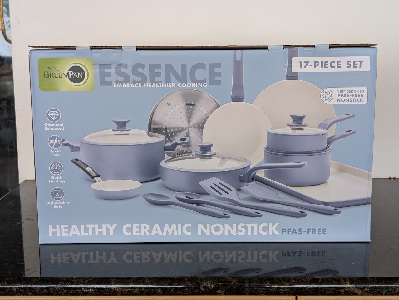 GreenPan Essence 17-Piece Ceramic Nonstick Cookware Dishwasher Oven Safe – Blue