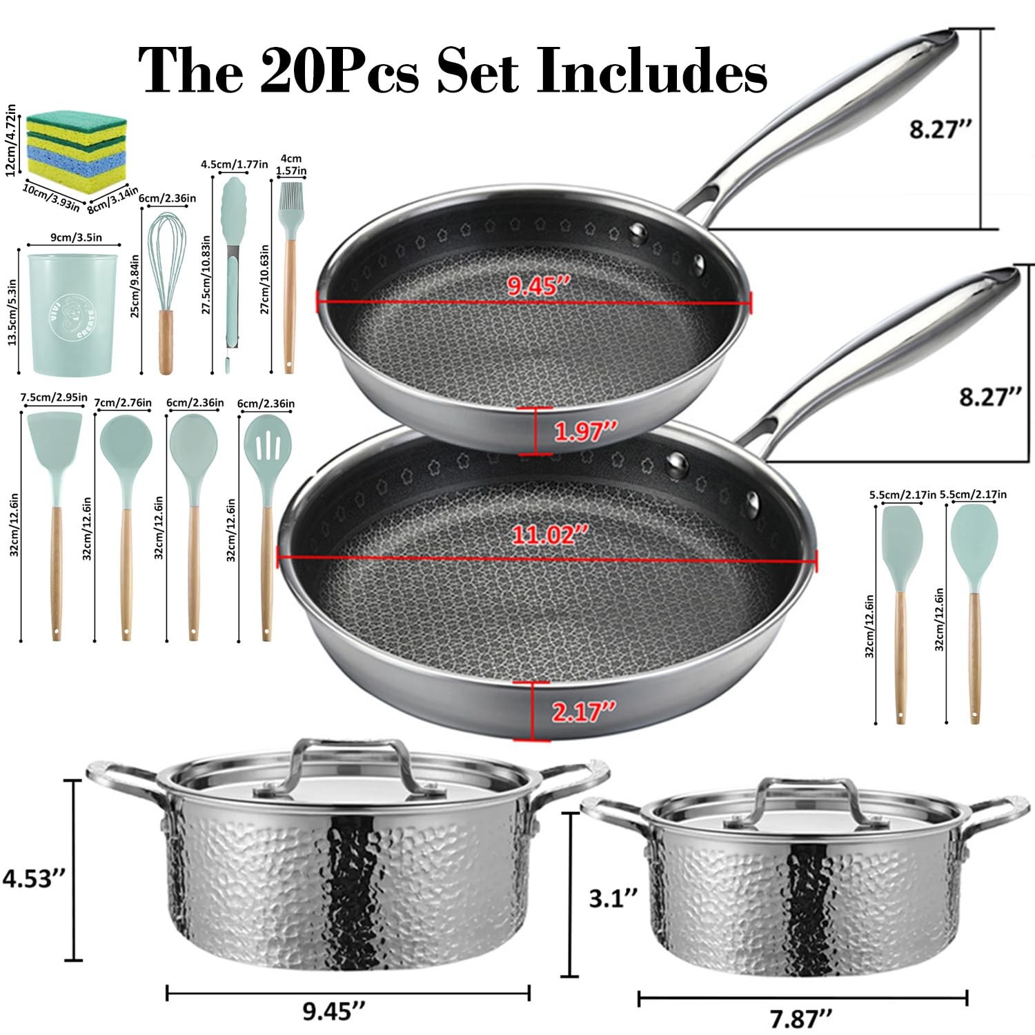 20 Piece Stainless Steel Kitchen Cooking Pot Pots and Pan Pans Cookware Set P…