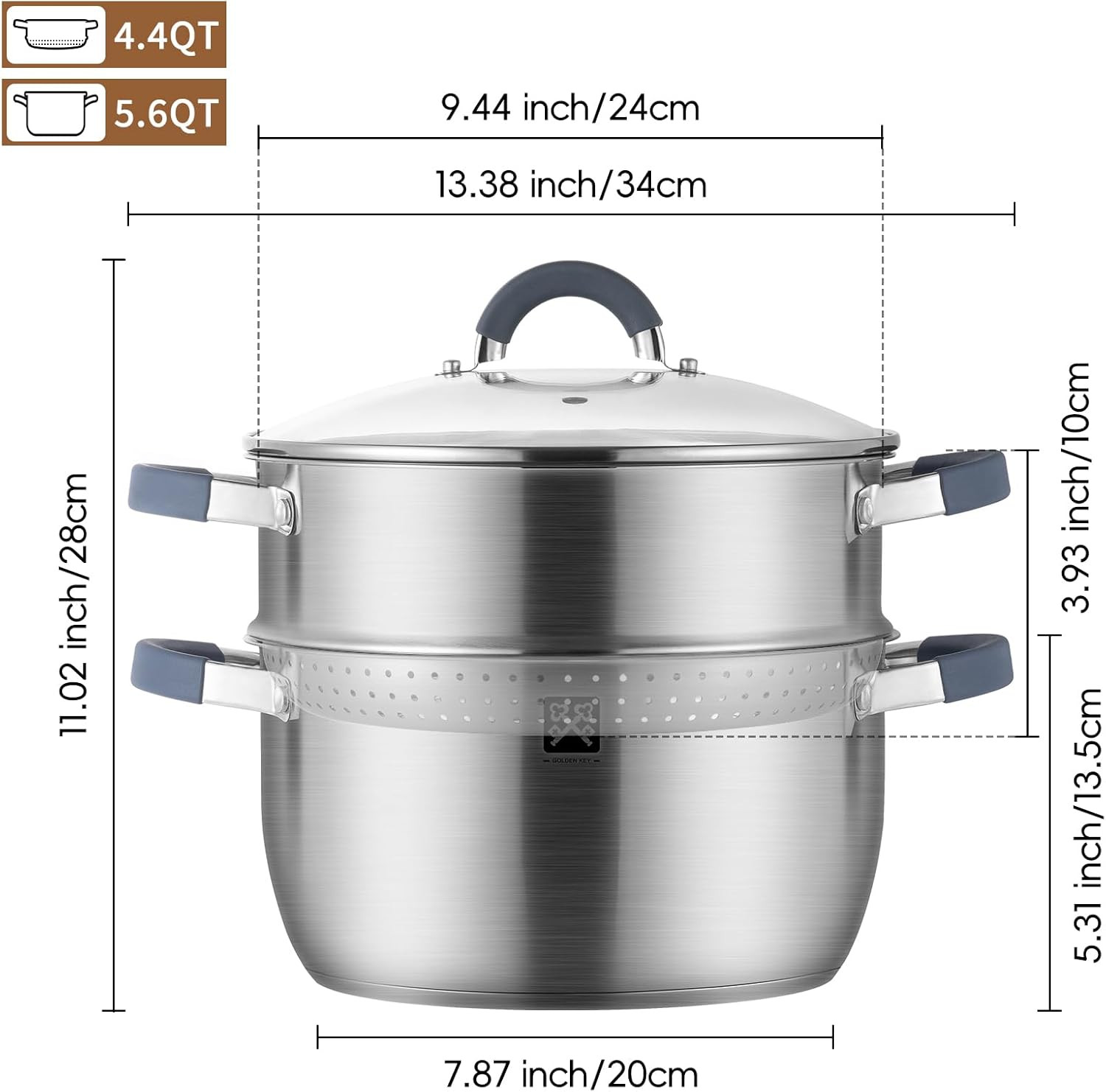 5.6 QT Steamer Pot with Lid,2-Tier Multipurpose 18/8 Steamer for Cooking with Ve